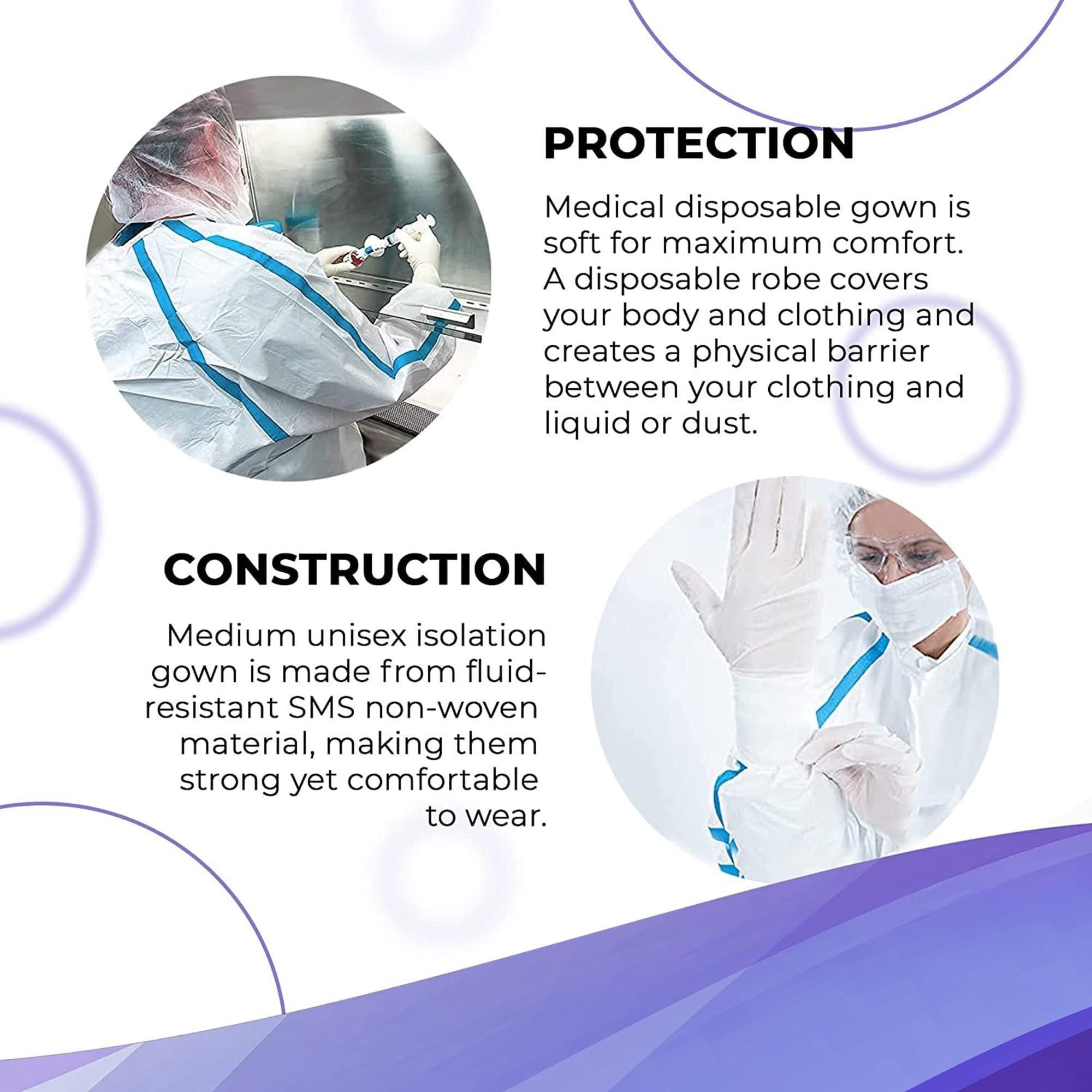 Medical Supply Disposable Isolation Gowns Pack of 5 White Adult Gowns Large Size 35 GSM SMS Gowns with Tie Back Closure Elastic Cuffs Non sterile Surgical Gowns for Men Women