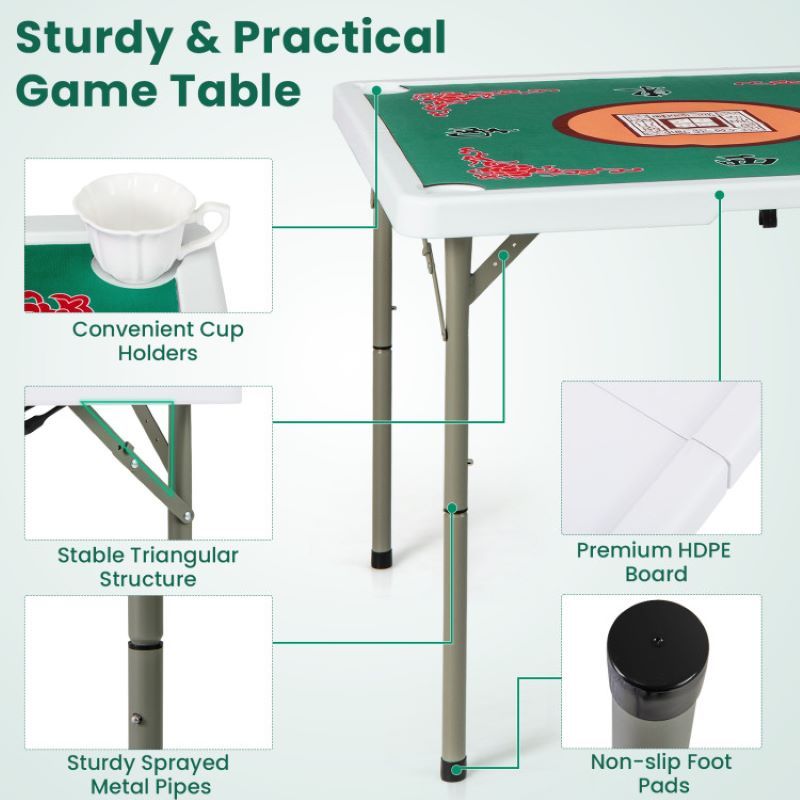 Folding Mahjong Table with Cup Holders for Game Room