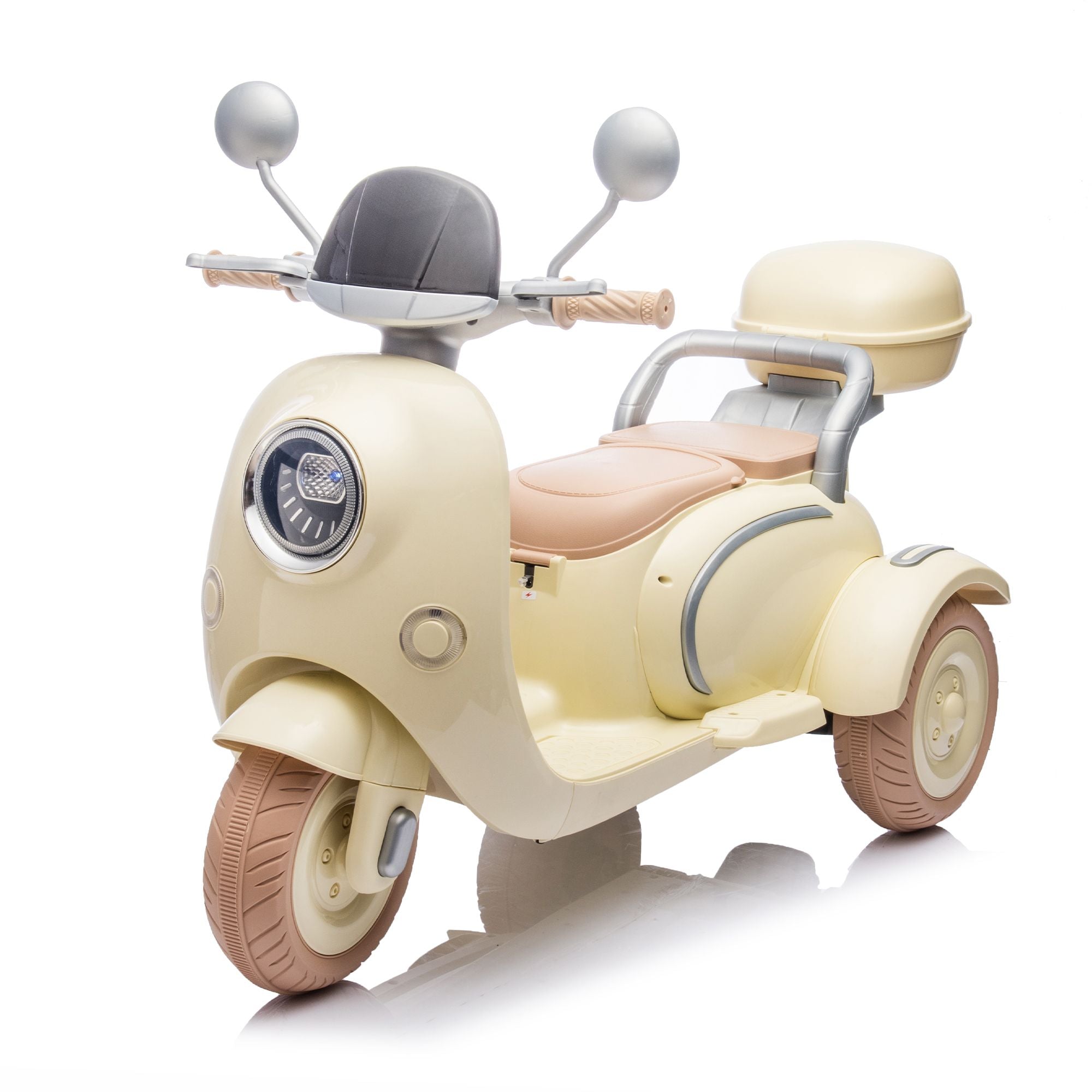 12V Two-seater Kids Ride On Electric Motorcycle,Three Wheels Kids toy with Slow Start,Multi-function player,USB,Bluetooth, light,Backseat flip adult seat, Oversized Storage Box for kids Aged 3-6.