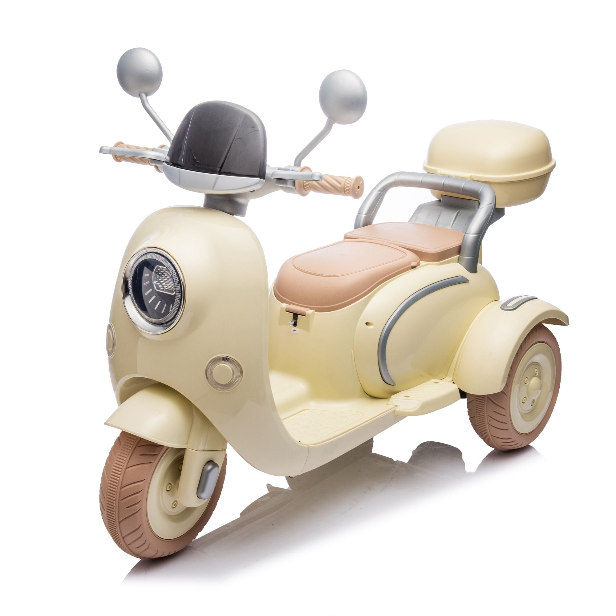12V Two-seater Kids Ride On Electric Motorcycle,Three Wheels Kids toy with Slow Start,Multi-function player,USB,Bluetooth, light,Backseat flip adult seat, Oversized Storage Box for kids Aged 3-6.