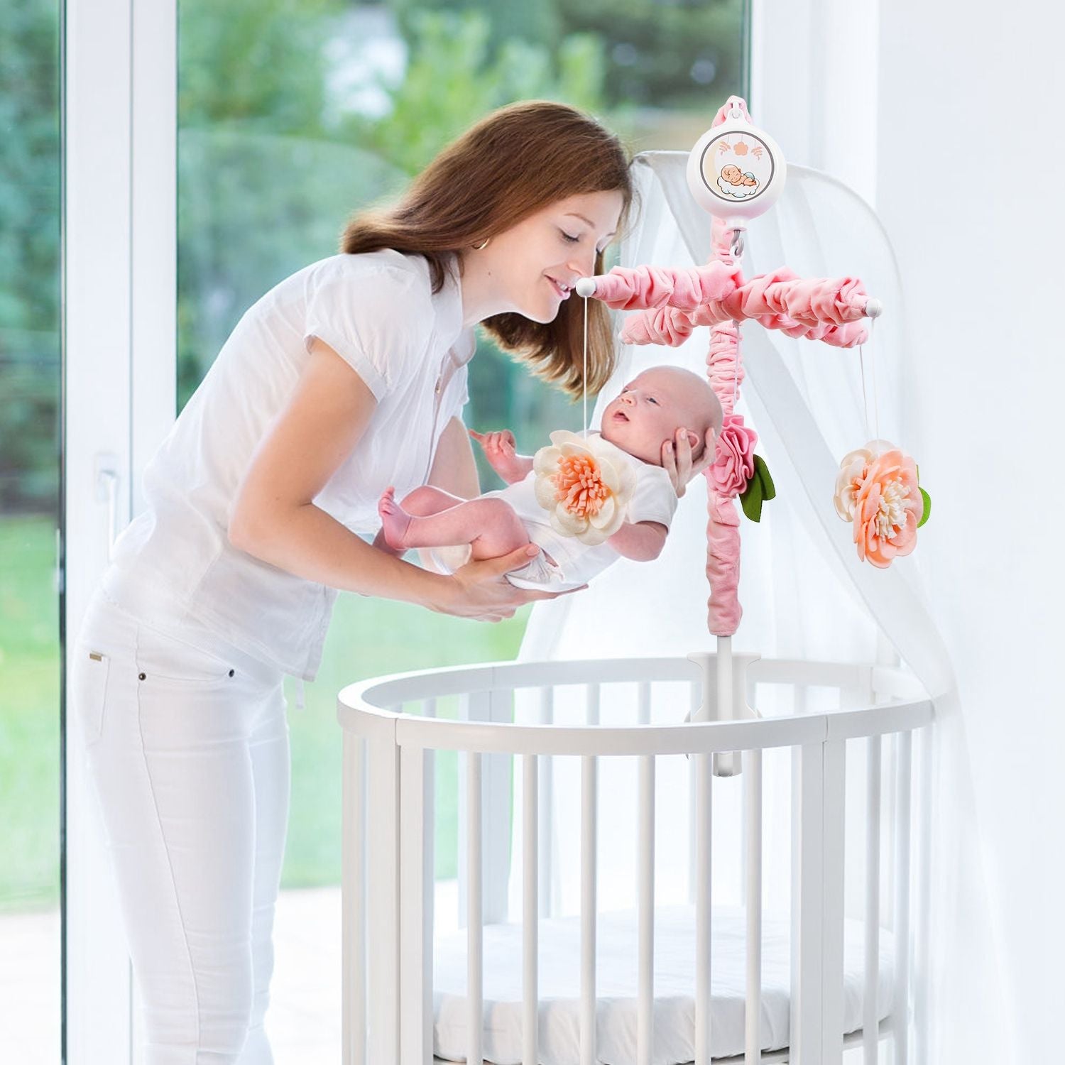 Musical Crib Mobile for Girls Baby Musical Crib Bed Bell Nursery Mobile with 12 Melodies 5 Flower Rattles 3 Modes Volume Adjustment Newborn Gift