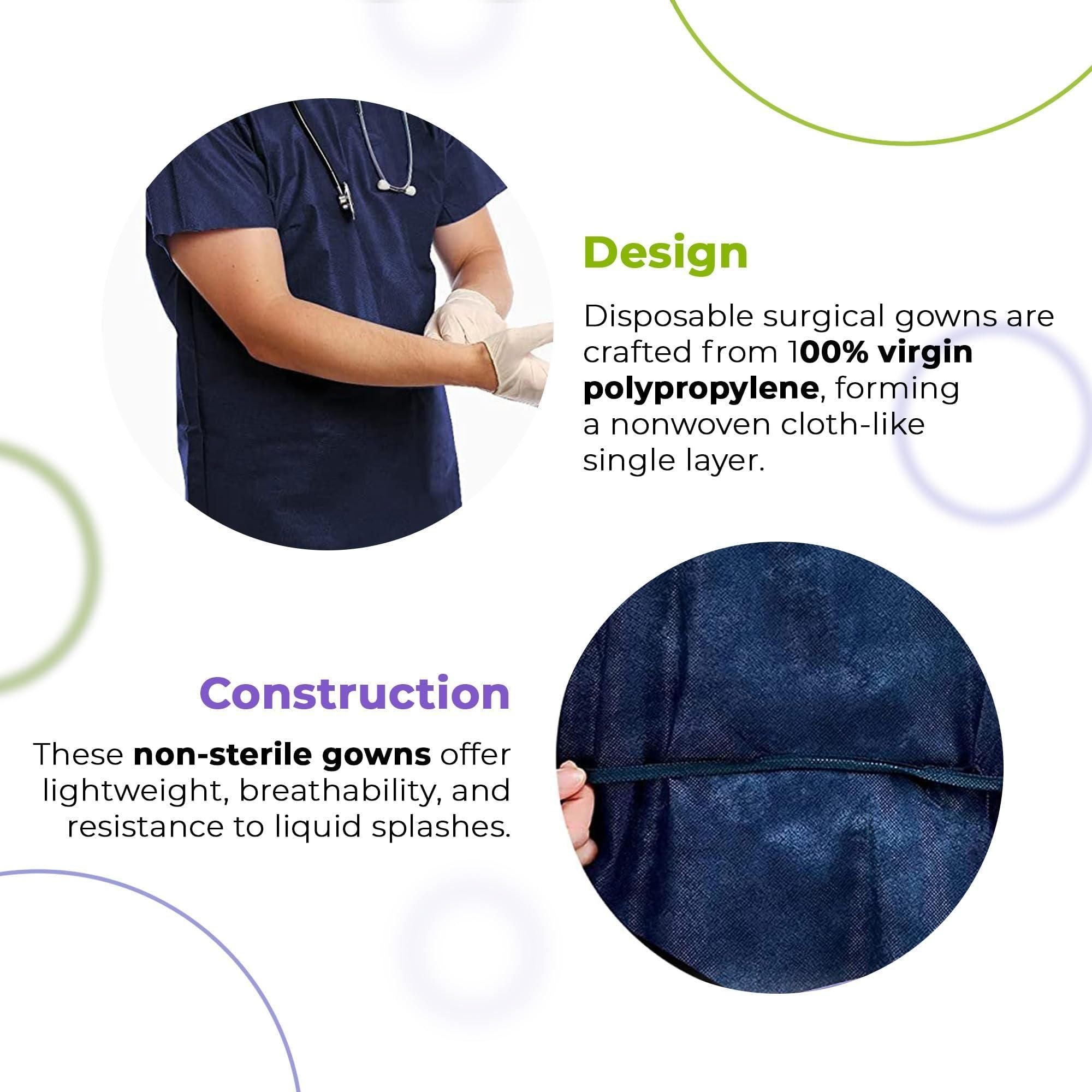 Medical Supply Disposable Isolation Gown X Large Size 10 Pack of Navy Blue 50 GSM Polypropylene Disposable Gowns Medical with Neck and Waist Ties Isolation Gowns Disposable