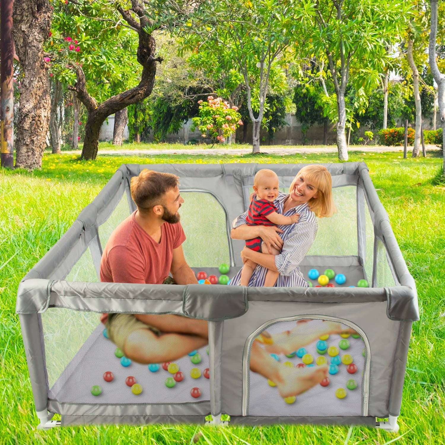 Baby Play Yard 50x50x24in Infant Play Game Child Fence Play Yards Breathable Kids Activity Center with Anti-Slip Suction Base 2 Zipper Doors for Infants Toddlers