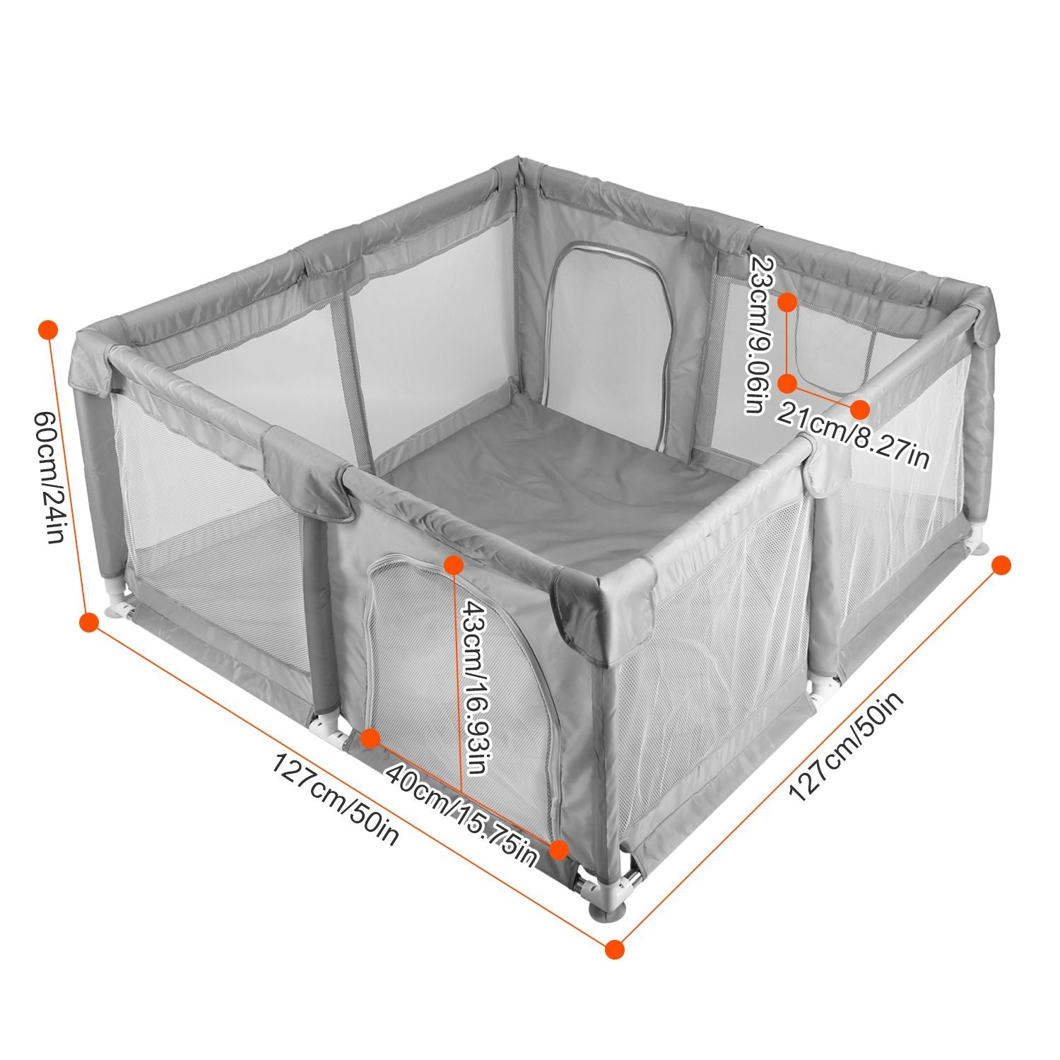 Baby Play Yard 50x50x24in Infant Play Game Child Fence Play Yards Breathable Kids Activity Center with Anti-Slip Suction Base 2 Zipper Doors for Infants Toddlers