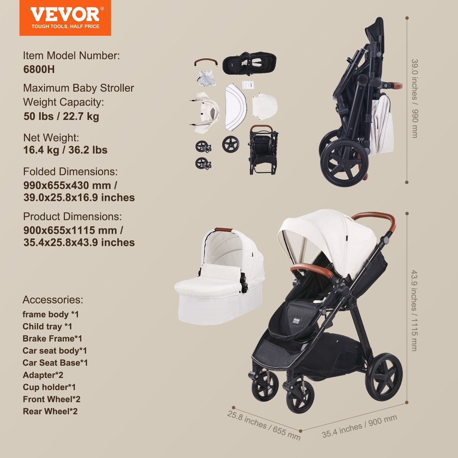 VEVOR Stroller Travel System With Bassinet Playard Baby Combo Set 2-in-1 White