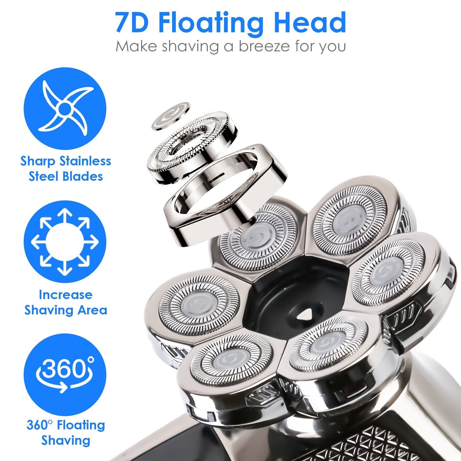 Head Shavers for Bald Men 5 In 1 7D Electric Rotary Razor Rechargeable Cordless Head Beard Trimmer Shaver Kit IPX6 Waterproof Dry Wet Grooming Kit with 3 Combs