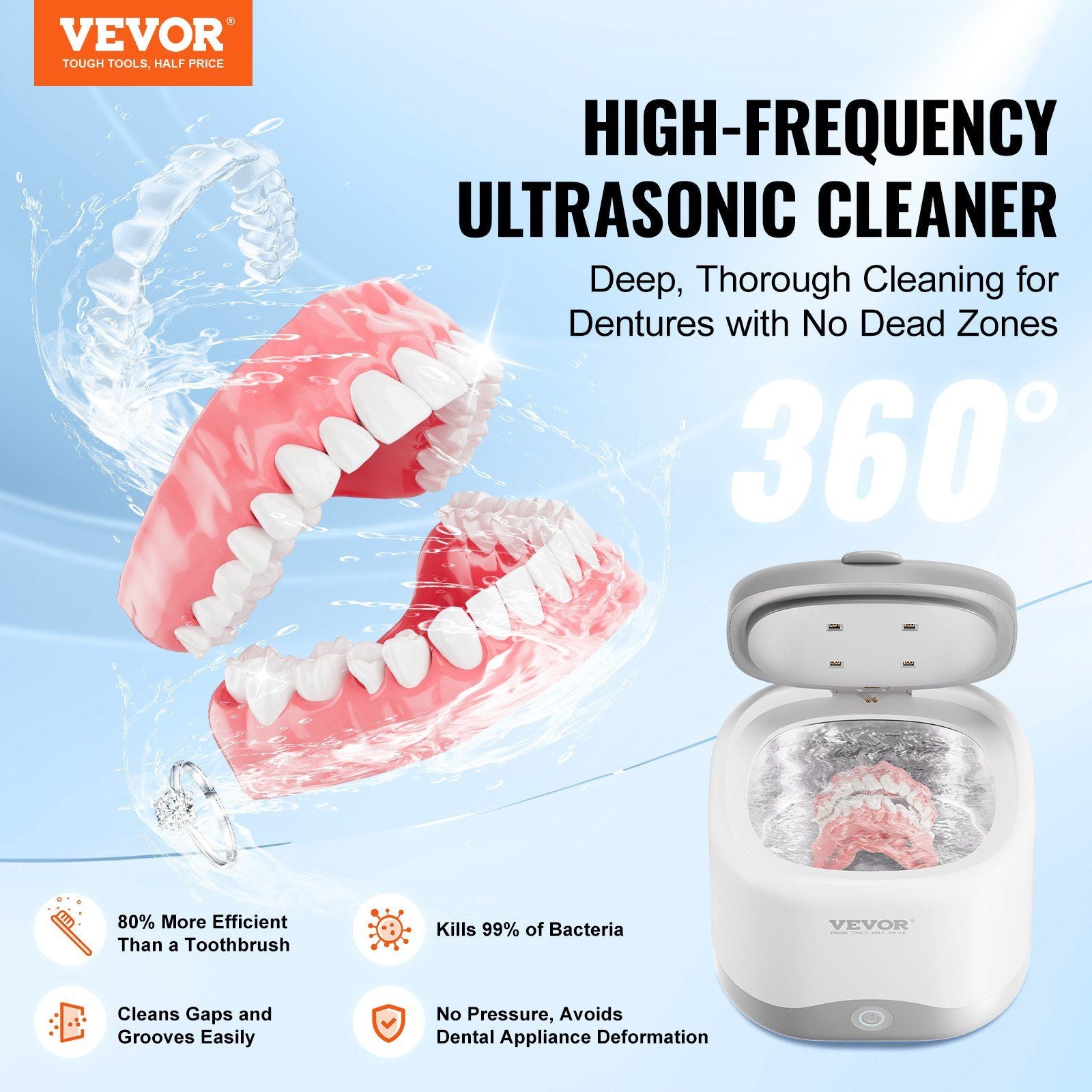 VEVOR Ultrasonic Cleaner, 45kHz Ultrasonic Cleaner for Denture Cleaner, Retainer Cleaner, Mouth Guard Cleaner, Night Guard Cleaner, Retainer Cleaner Machine with 200ML Dental Cleaning Pod