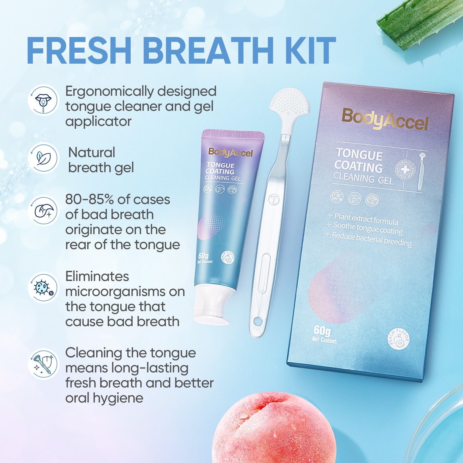 Bodyaccel Tongue cleansing gel tongue gel and Tongue brush Tongue coating clean Fresh breath Plant extraction formula no preservatives Qinshuang Ice peach single pack.