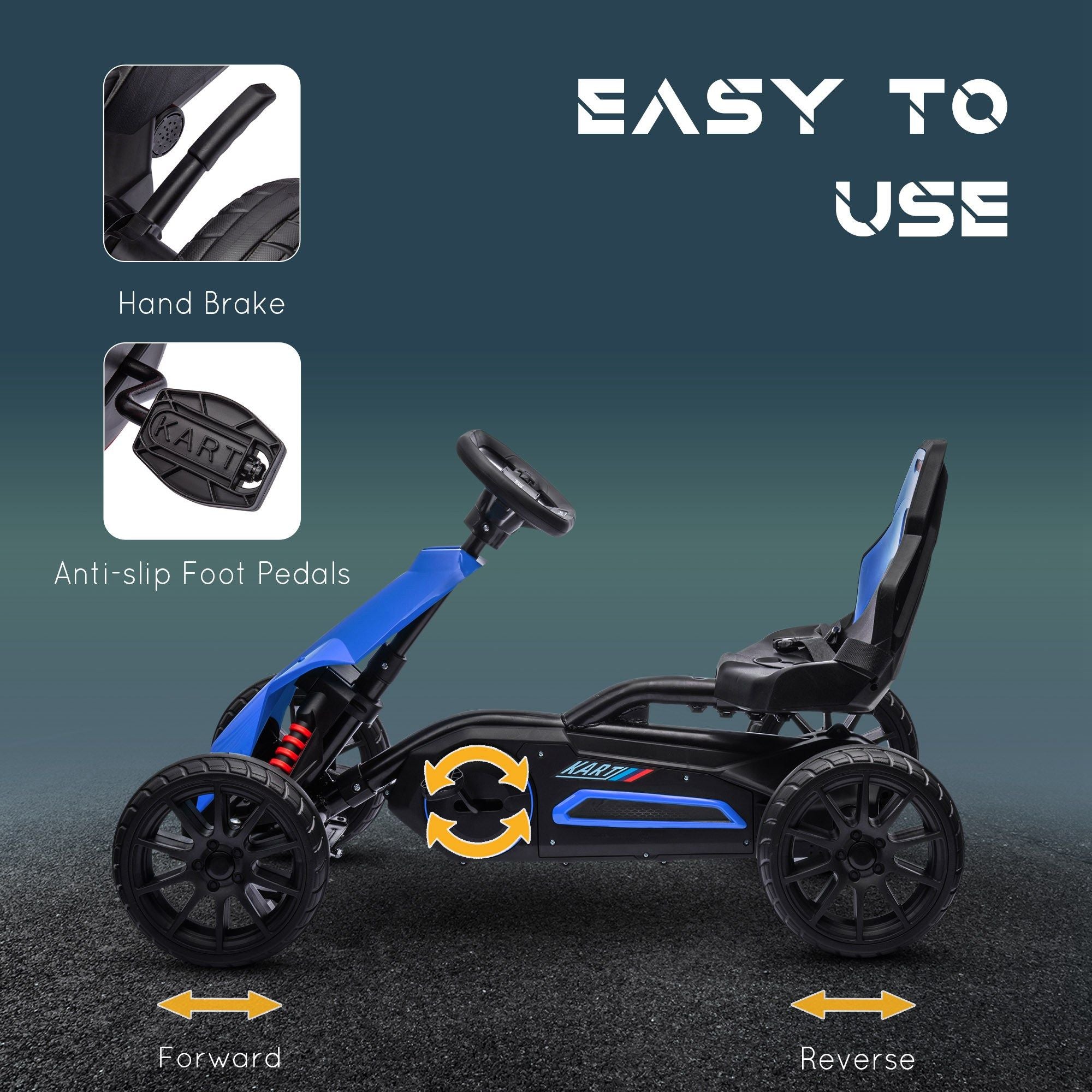 Aosom Kids Pedal Go Kart, Outdoor Ride on Toy with Adjustable Seat, Swing Axle, Handbrake, 4 Non-Slip EVA Wheels for Boys and Girls Aged 3-8 Years Old, Blue