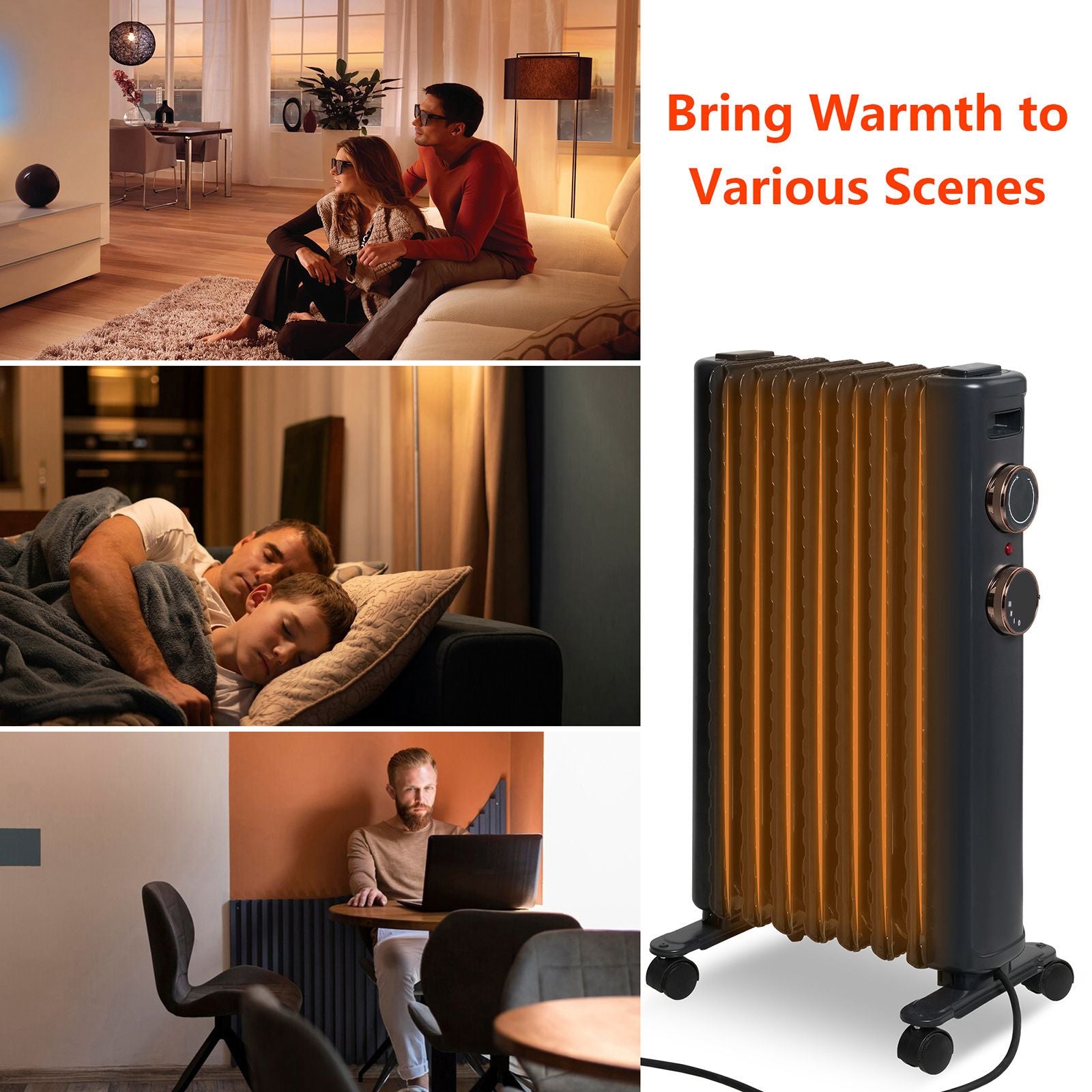 1500W Oil Filled Radiator Heater with 3 Heating Modes Portable Electric Space Heater, Black