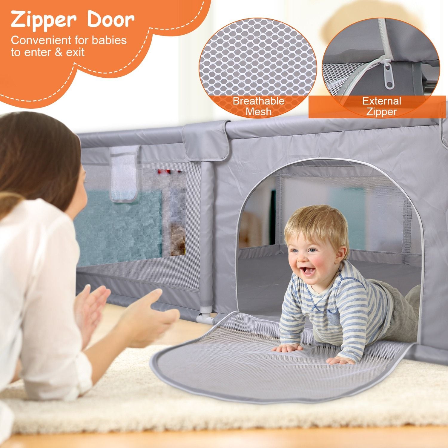 Baby Play Yard 50x50x24in Infant Play Game Child Fence Play Yards Breathable Kids Activity Center with Anti-Slip Suction Base 2 Zipper Doors for Infants Toddlers