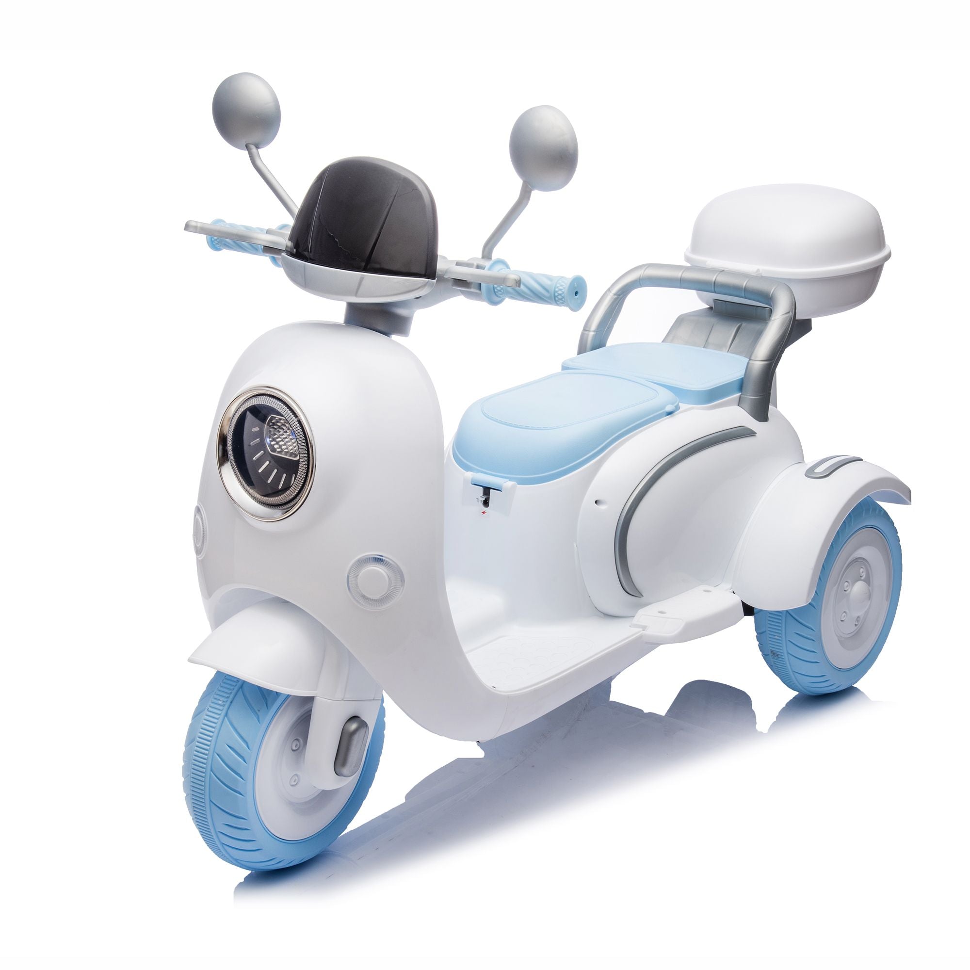 12V Two-seater Kids Ride On Electric Motorcycle,Three Wheels Kids toy with Slow Start,Multi-function player,USB,Bluetooth, light,Backseat flip adult seat, Oversized Storage Box for kids Aged 3-6.