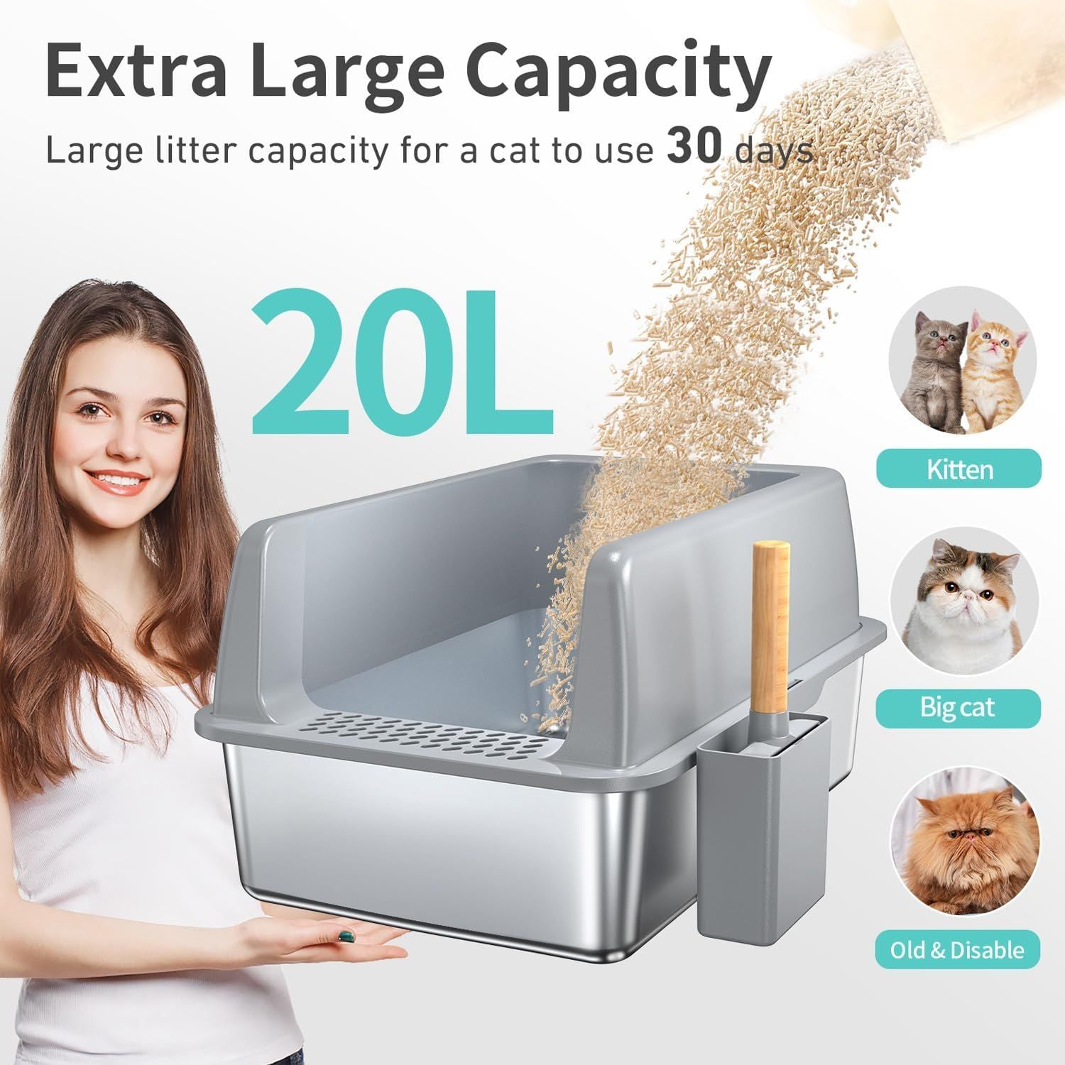 Stainless Steel Cat Litter Box, XXL Extra Large Jumbo Metal Litter Box, with Large Cat Litter Shovel, Anti Leakage Sand Pedal, Side Entrance (Cat Litter is Not Easy to Fly Out)