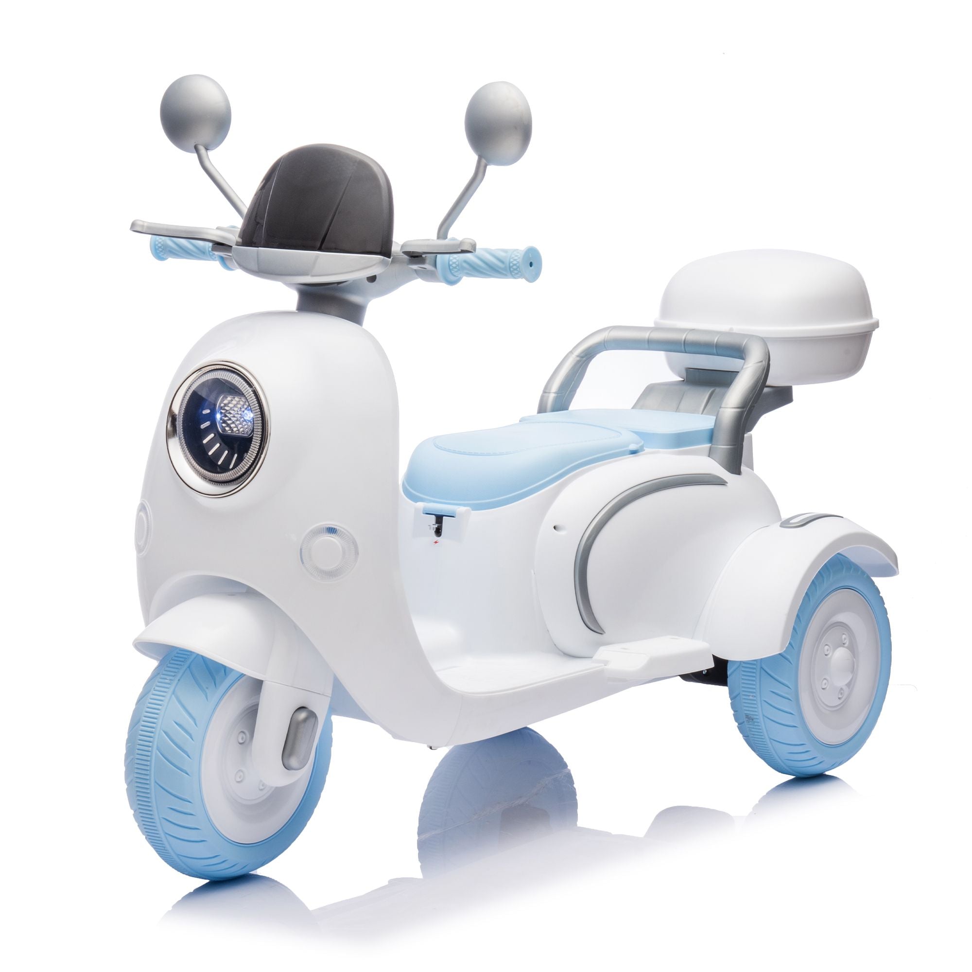 12V Two-seater Kids Ride On Electric Motorcycle,Three Wheels Kids toy with Slow Start,Multi-function player,USB,Bluetooth, light,Backseat flip adult seat, Oversized Storage Box for kids Aged 3-6.