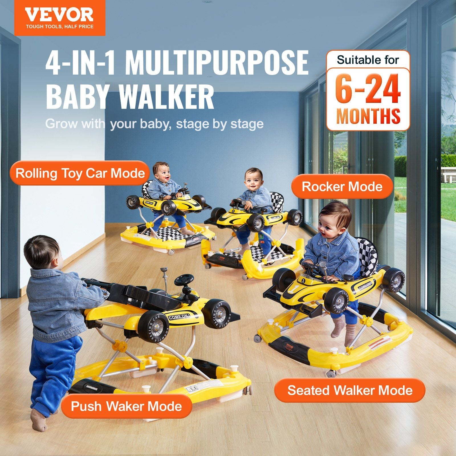 VEVOR 4-in-1 Baby Walker, Foldable Baby Activity Center on Wheels, Adjustable Height, Light, Steering Wheel, Toy Car | Learning-Seated | Walk-Behind | Rocker Toddler Walker for 6-24 Month Boys Girls