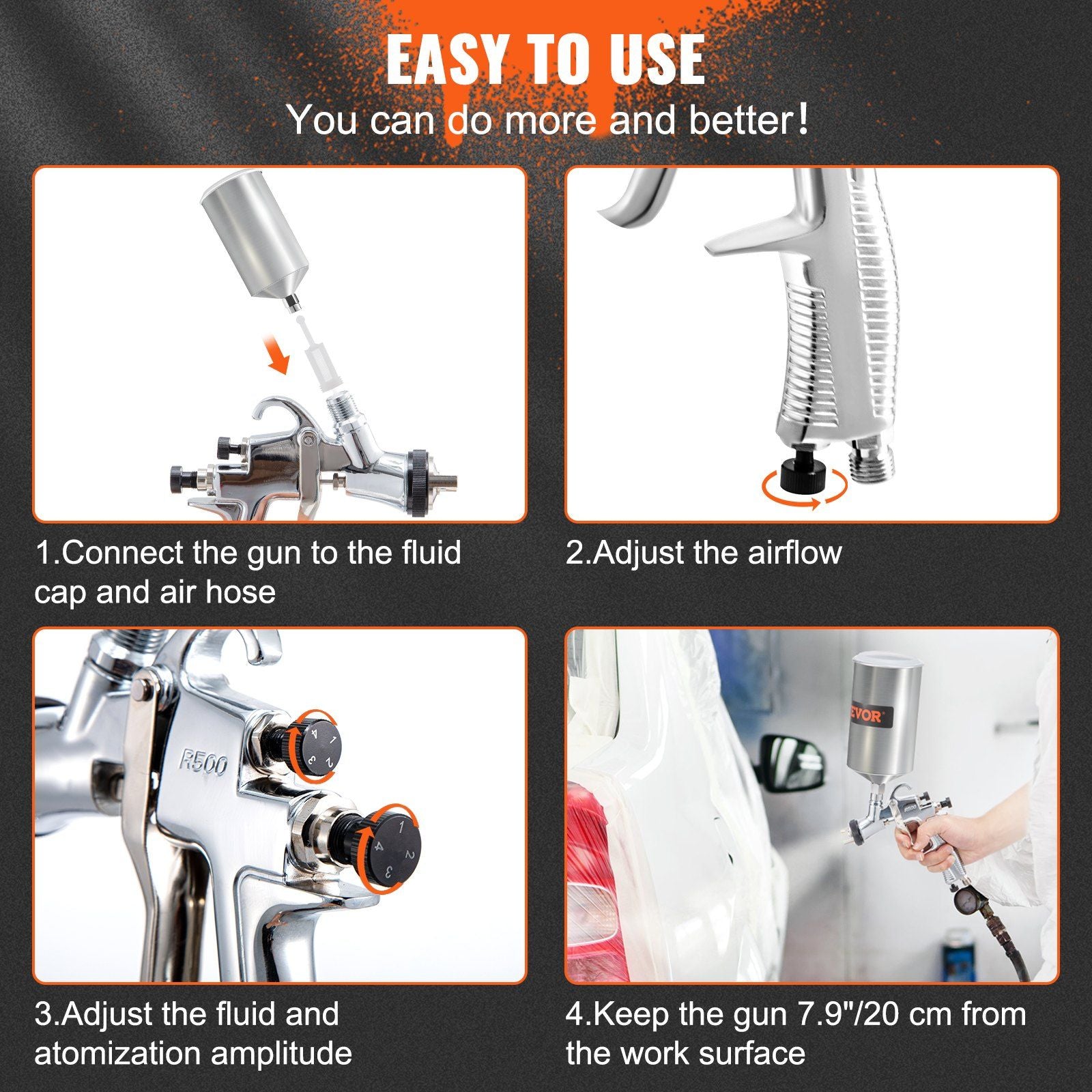 VEVOR LVLP Air Spray Gun, High Performance Gravity Feed Paint Sprayer 1.3mm 1.4mm 1.8mm Stainless Steel Nozzles 1000cc Cup with MPS Adapter and Air Regulator for Walls, Automotive, Home Improvement