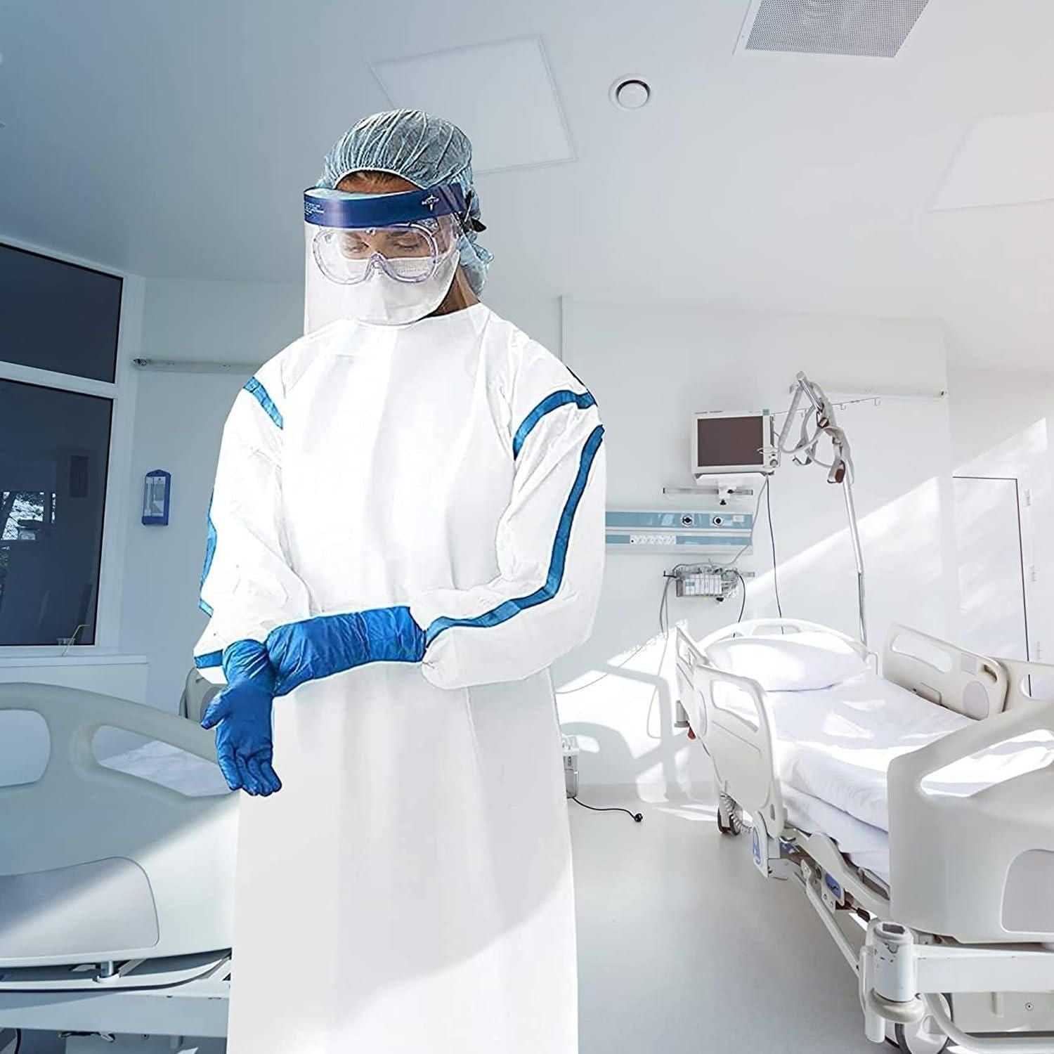 Medical Supply Disposable Isolation Gowns Pack of 5 White Adult Gowns Large Size 35 GSM SMS Gowns with Tie Back Closure Elastic Cuffs Non sterile Surgical Gowns for Men Women