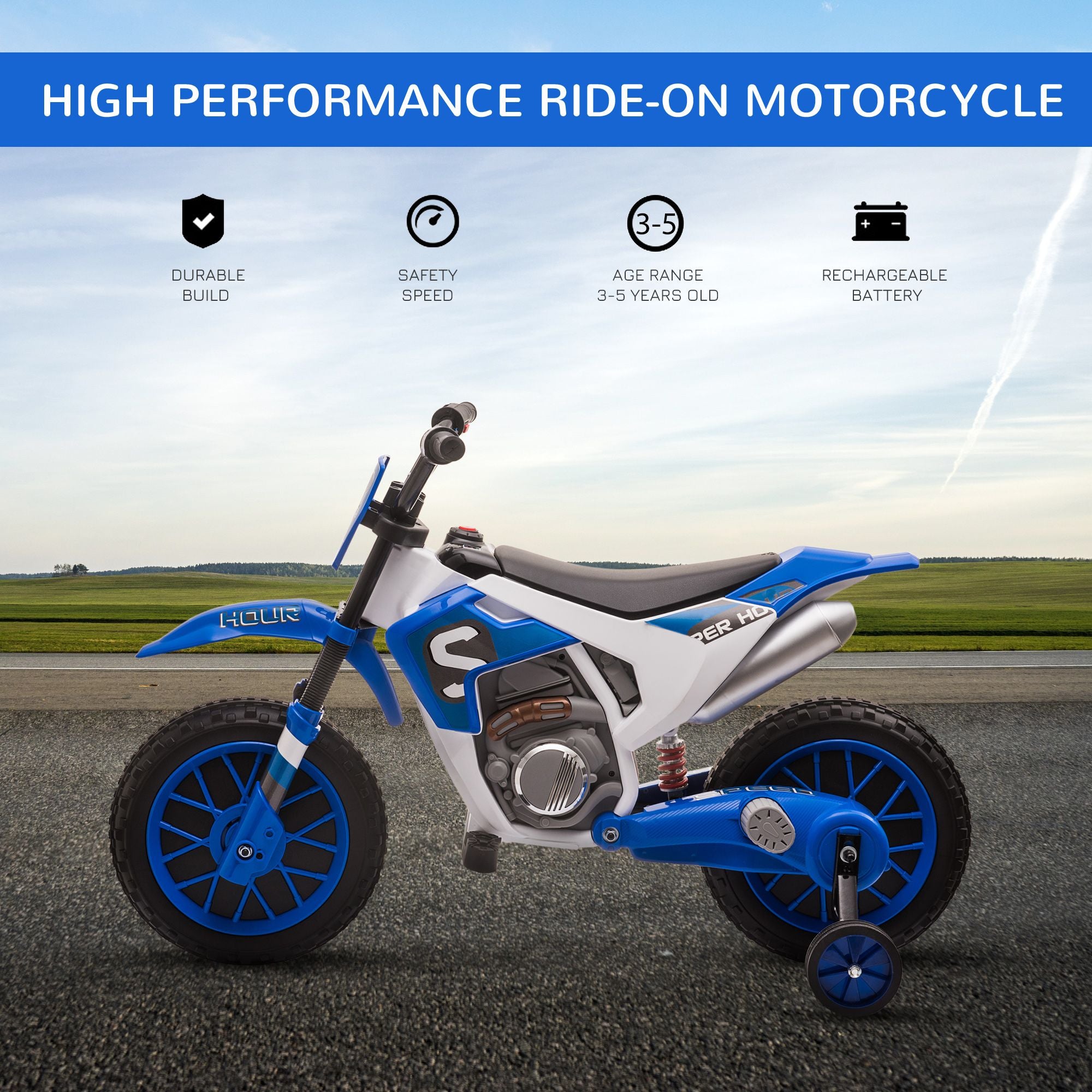 Aosom 12V Kids Motorcycle Dirt Bike Electric Battery-Powered Ride-On Toy Off-road Street Bike with Charging Battery, Training Wheels Blue