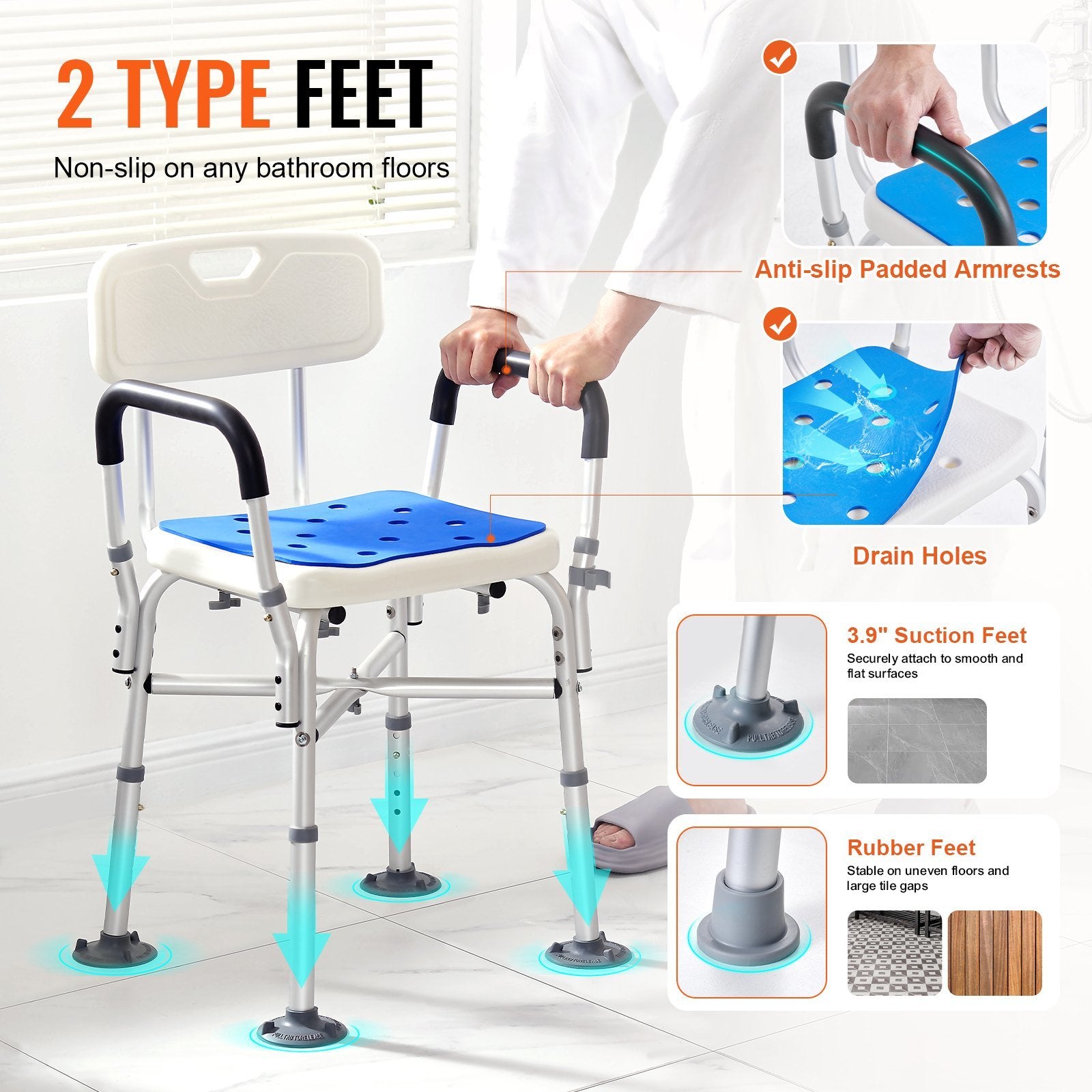 VEVOR Shower Chair Seat with Padded Arms and Back