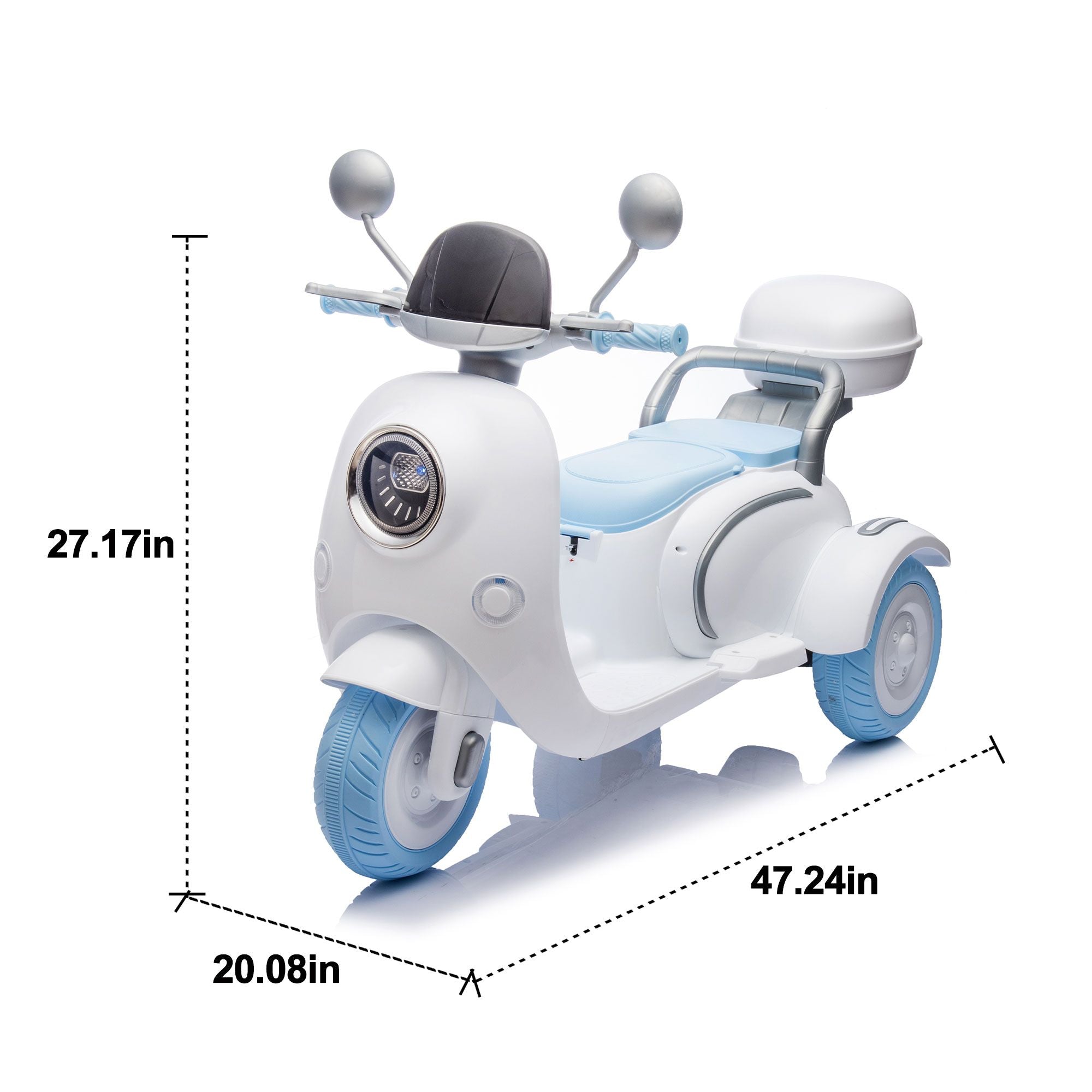 12V Two-seater Kids Ride On Electric Motorcycle,Three Wheels Kids toy with Slow Start,Multi-function player,USB,Bluetooth, light,Backseat flip adult seat, Oversized Storage Box for kids Aged 3-6.