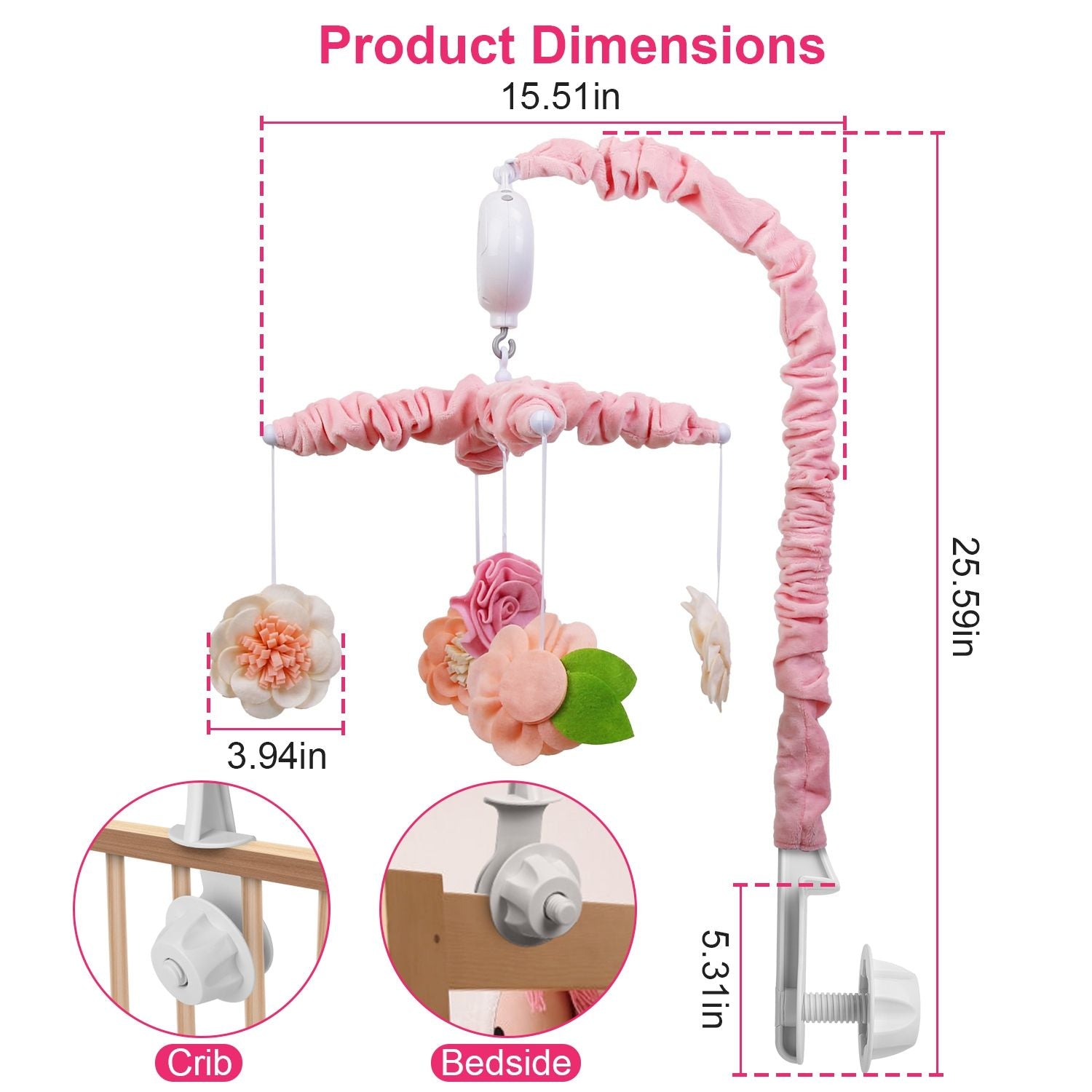 Musical Crib Mobile for Girls Baby Musical Crib Bed Bell Nursery Mobile with 12 Melodies 5 Flower Rattles 3 Modes Volume Adjustment Newborn Gift