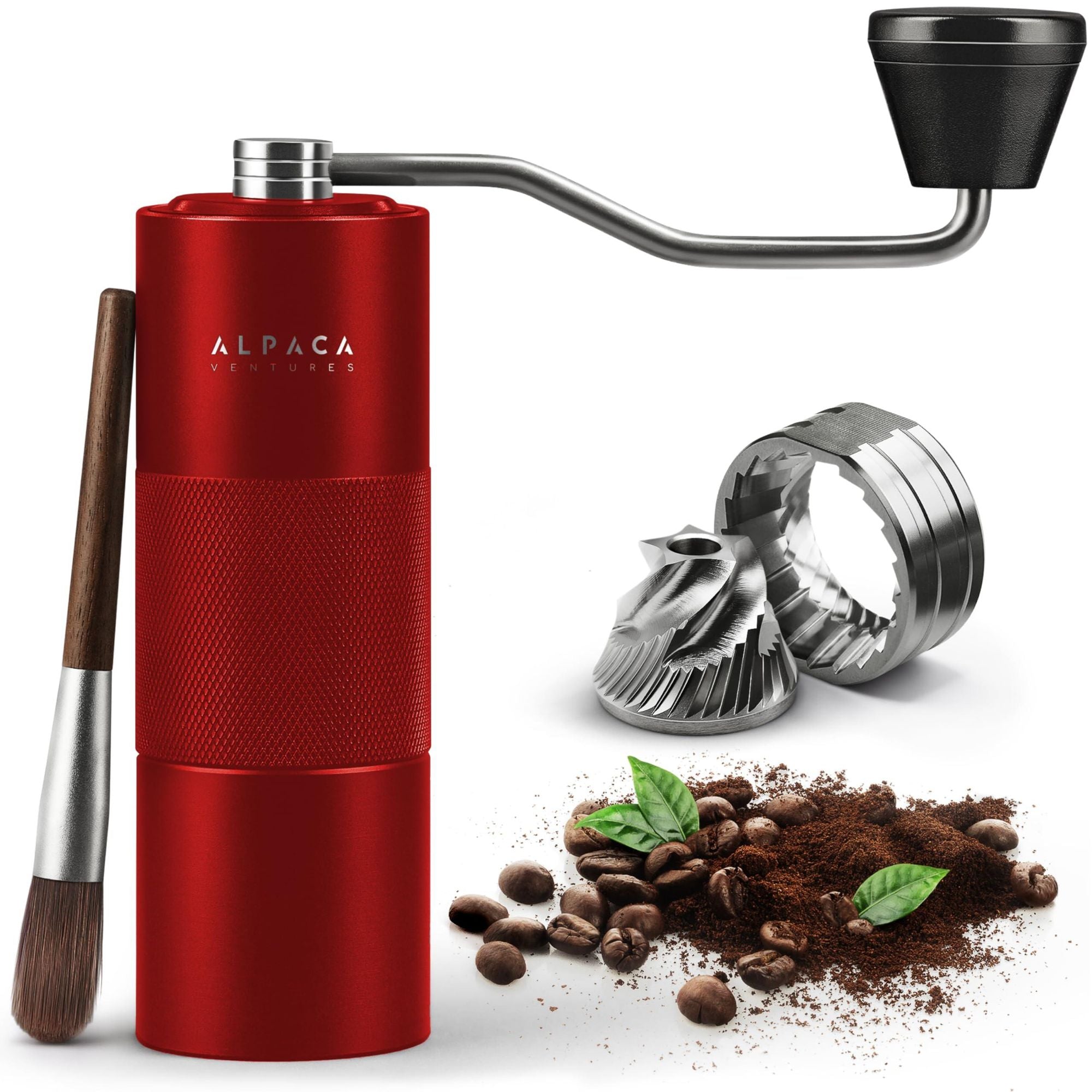 Manual Coffee Grinder Red Metallic Color Stainless Steel Conical Burr Coffee Grinder Manual with Adjustable Setting Double Bearing Hand Espresso Grinder Perfect for Home Office and Camping