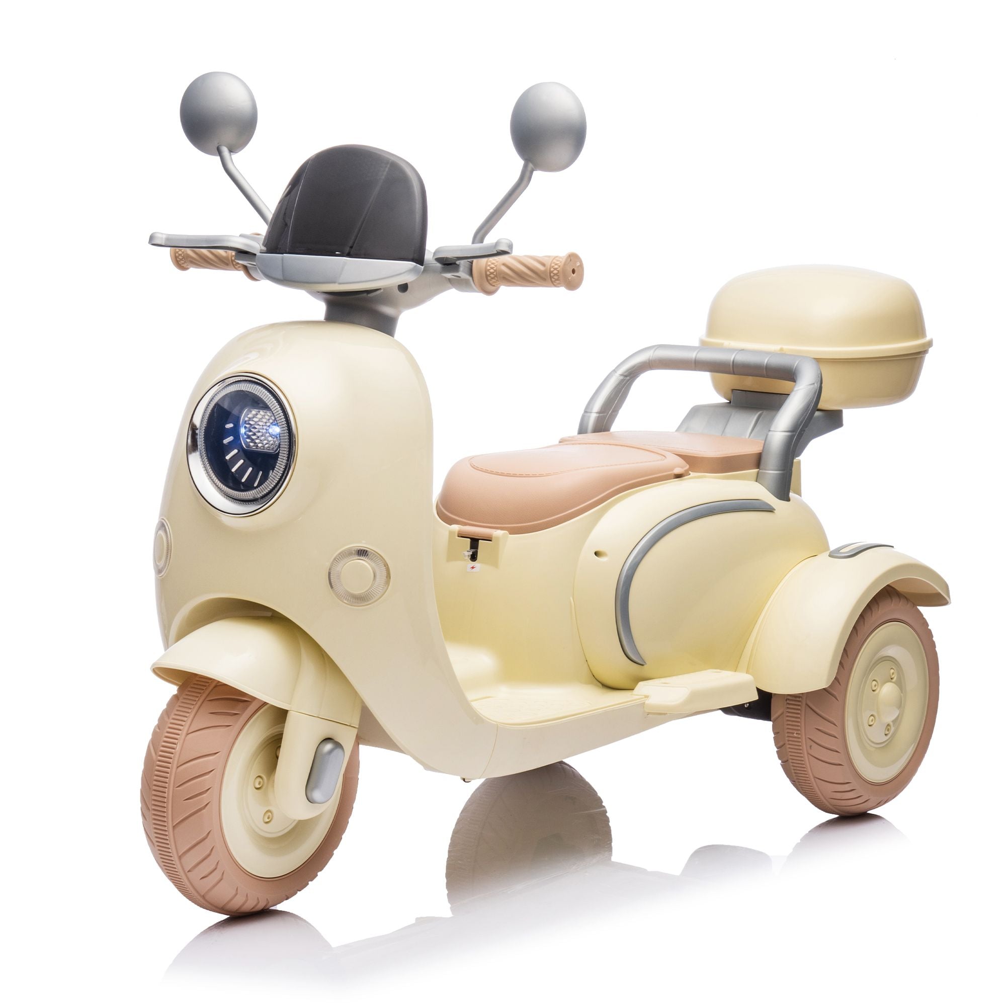 12V Two-seater Kids Ride On Electric Motorcycle,Three Wheels Kids toy with Slow Start,Multi-function player,USB,Bluetooth, light,Backseat flip adult seat, Oversized Storage Box for kids Aged 3-6.