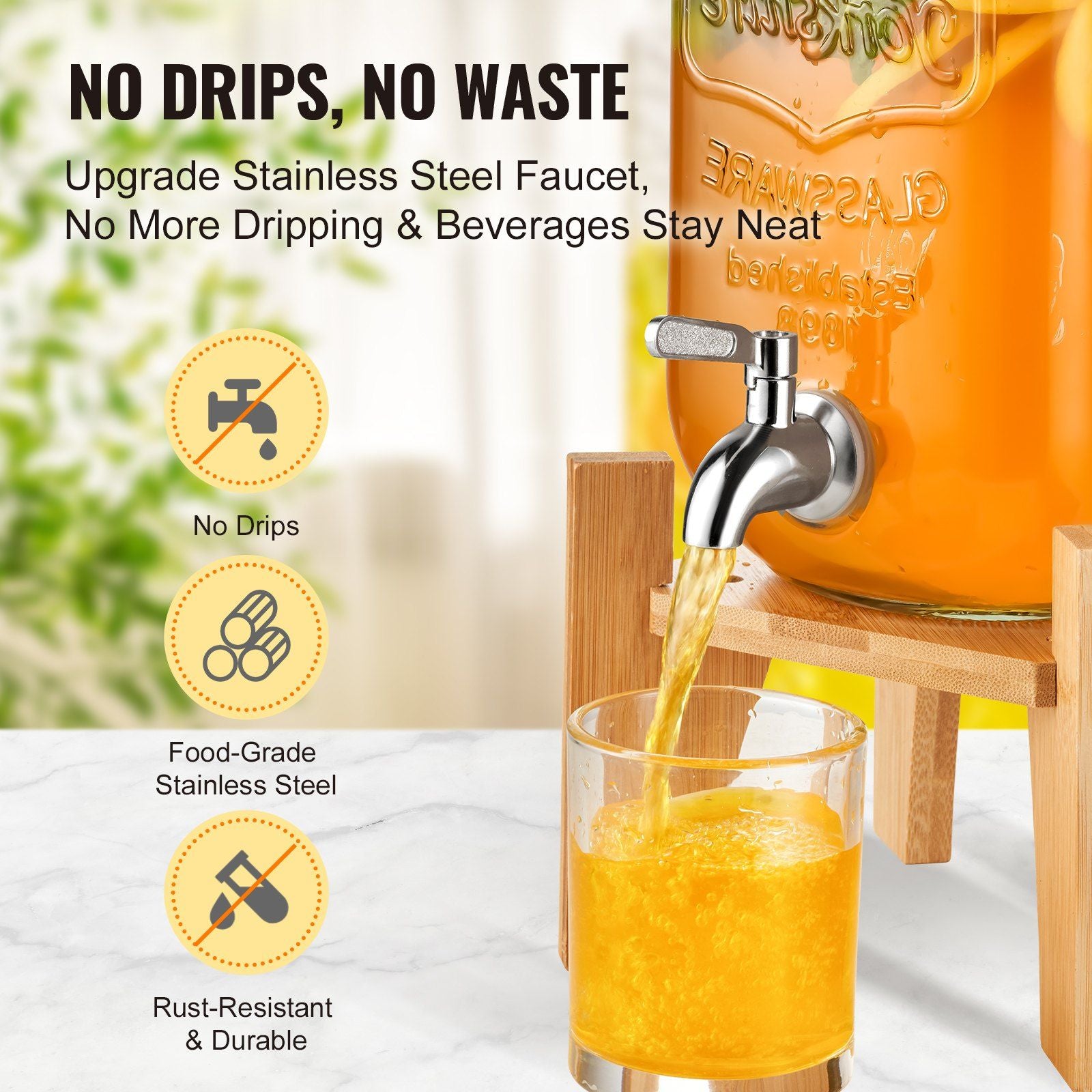 VEVOR Beverage Dispenser, 1 Gallon Drink Dispensers for Parties, 2PC, Glass Juice Dispenser with Stand, Stainless Steel Spigot, Iced Tea Lemonade Juice Water Dispenser, for Restaurants, Hotels, Party