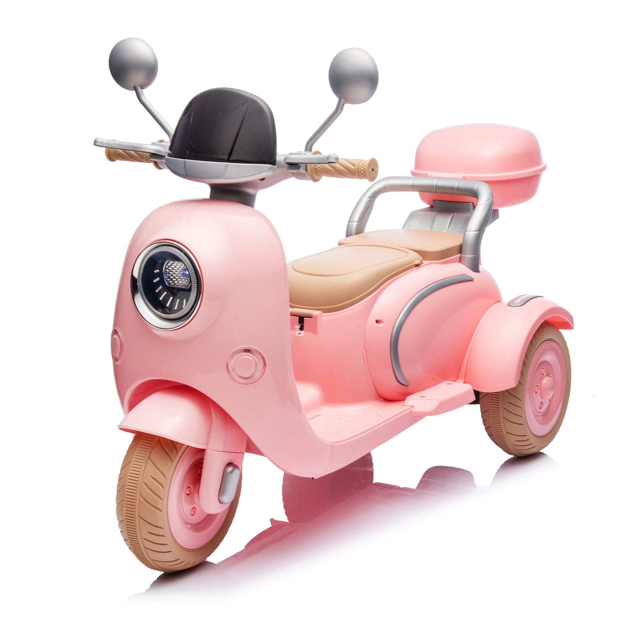 12V Two-seater Kids Ride On Electric Motorcycle,Three Wheels Kids toy with Slow Start,Multi-function player,USB,Bluetooth, light,Backseat flip adult seat, Oversized Storage Box for kids Aged 3-6.
