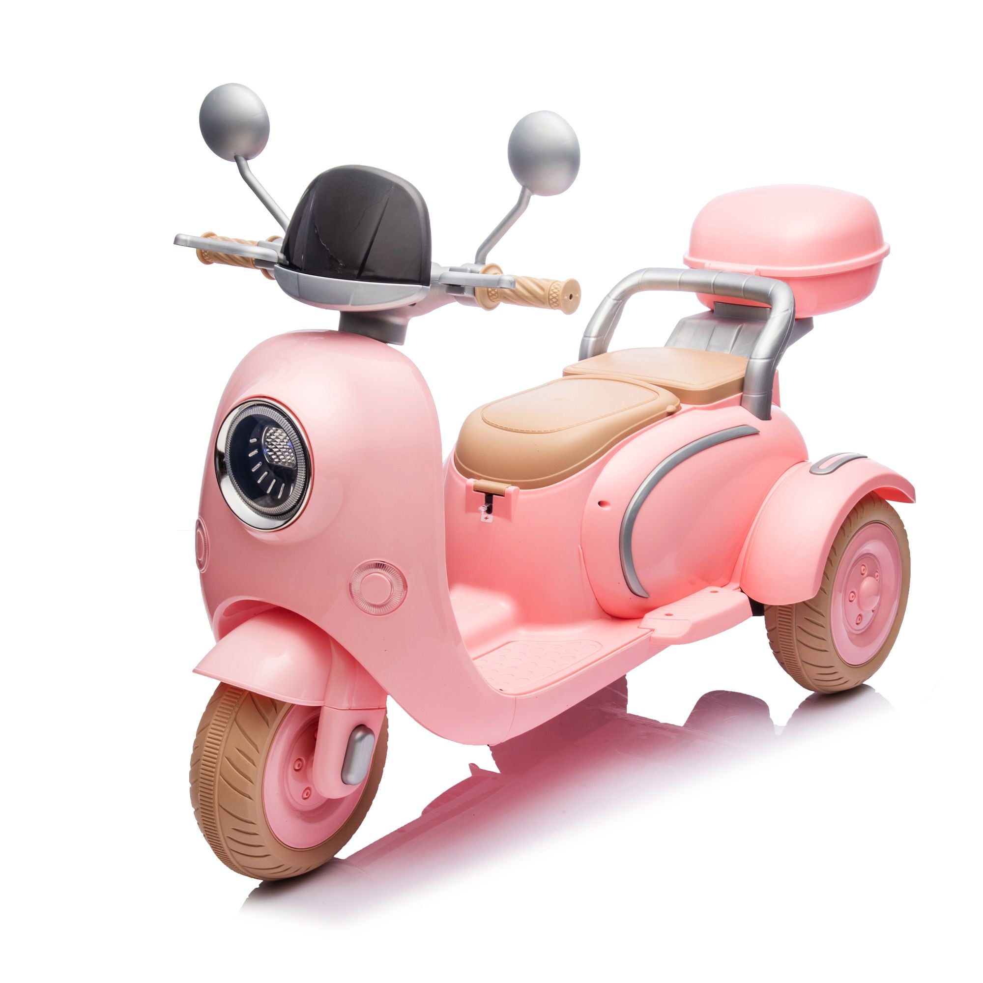 12V Two-seater Kids Ride On Electric Motorcycle,Three Wheels Kids toy with Slow Start,Multi-function player,USB,Bluetooth, light,Backseat flip adult seat, Oversized Storage Box for kids Aged 3-6.