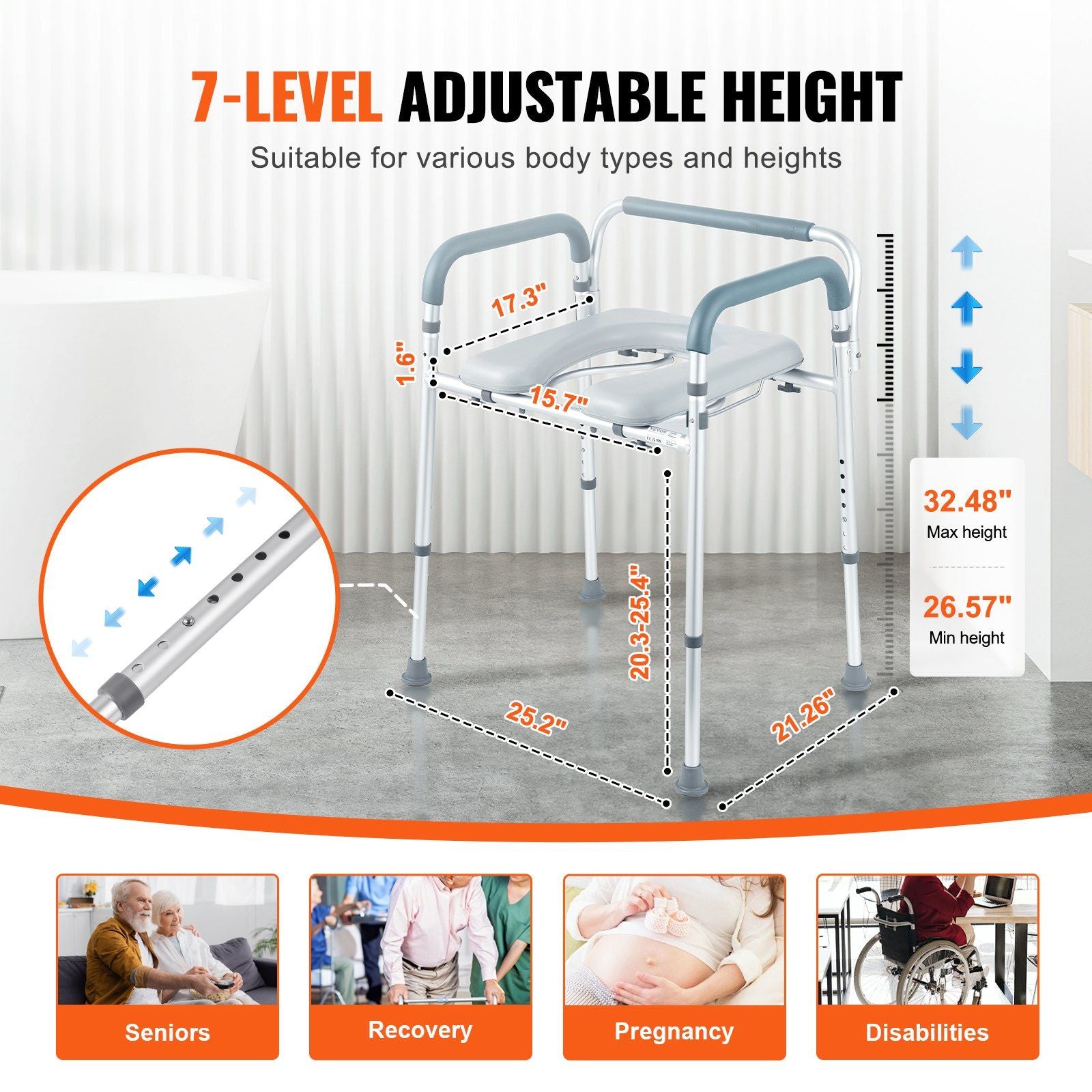 VEVOR Commode Chair, Bedside Commode with Padded Seat and Arms, 7-Level Adjustable Height, 5.8L Removable Bucket, Easy to Assemble, 350 LBS Capacity, Raised Toilet Seat for Adults Seniors