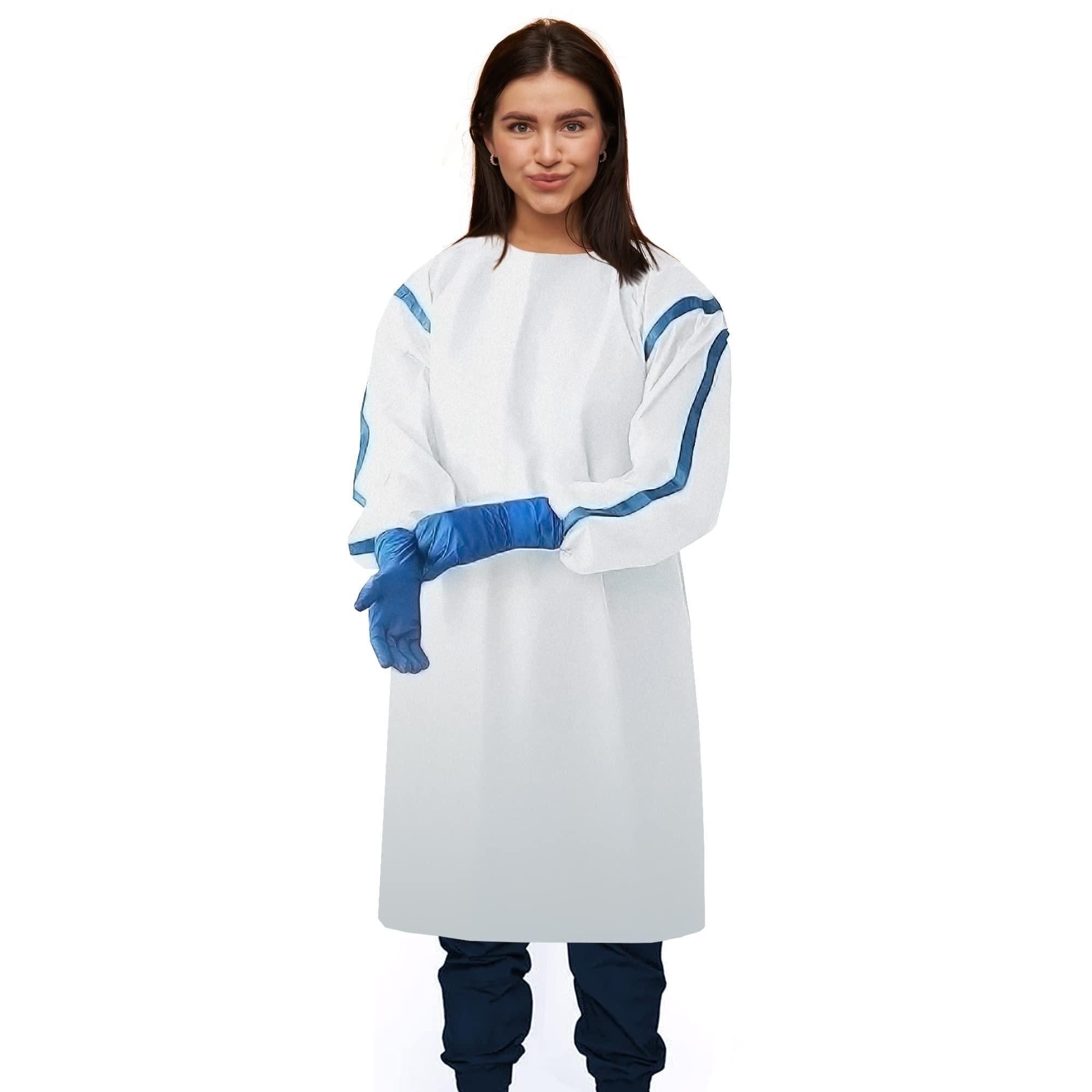 Medical Supply Disposable Isolation Gowns Pack of 5 White Adult Gowns Large Size 35 GSM SMS Gowns with Tie Back Closure Elastic Cuffs Non sterile Surgical Gowns for Men Women
