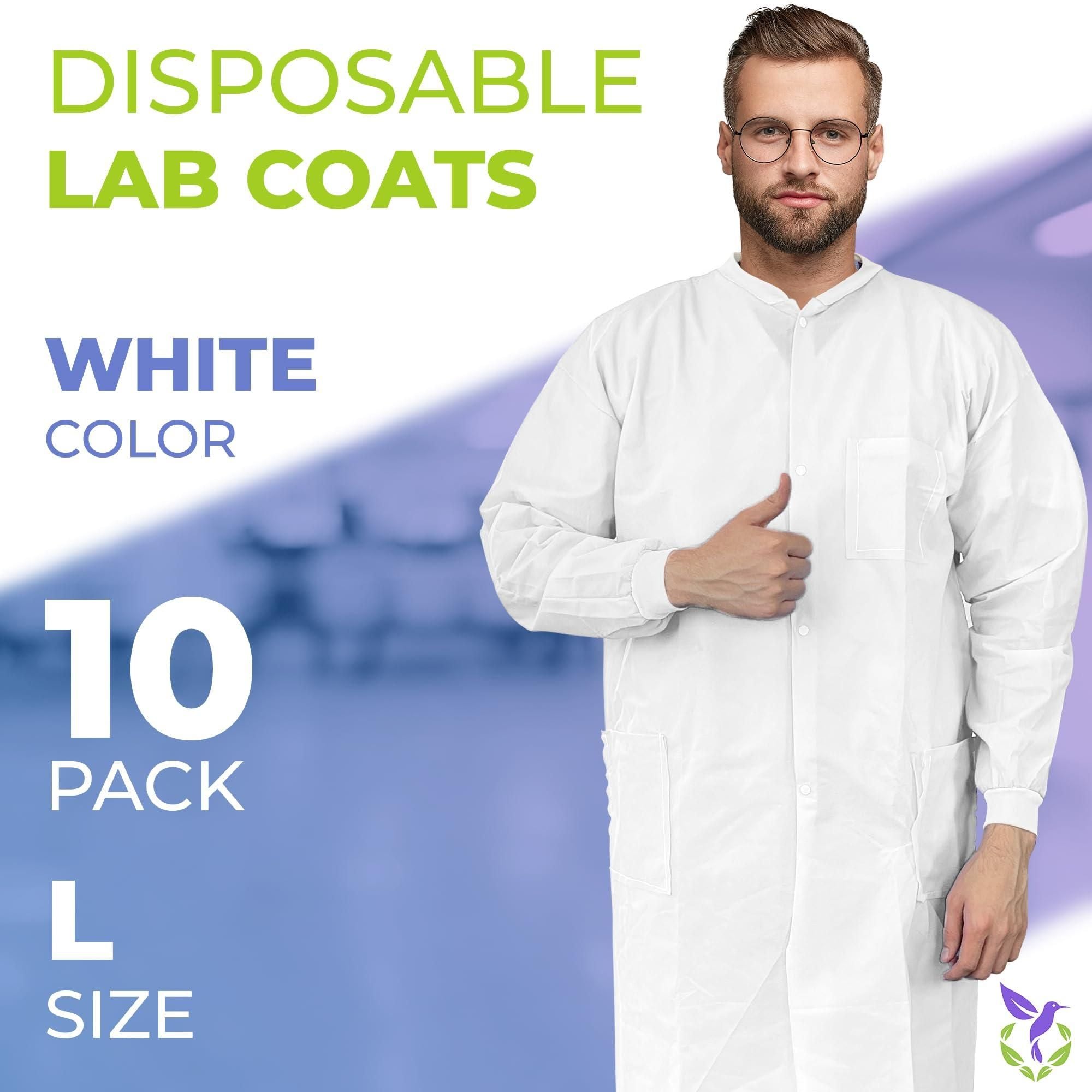 Medical Supply Disposable Lab Coats for Adults Large Size Pack of 10 White SMS Knee Length Lab Coat Disposable 40 GSM Disposable Coats Medical Painting Lab Coat with Cuffs Collar 3 Pockets