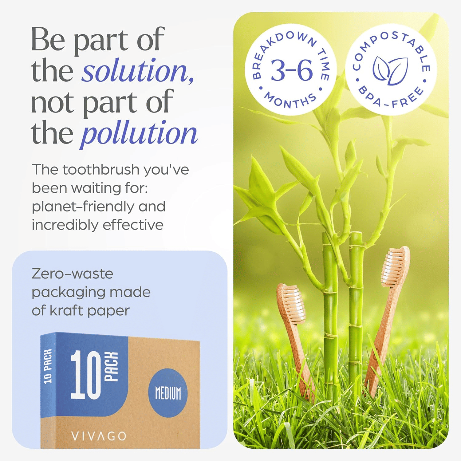 Bamboo Toothbrushes Medium Bristles 10 Pack - BPA Free Medium Bristles Toothbrushes for Adults | Eco-Friendly, Compostable & Biodegradable Toothbrush | Natural Wooden Toothbrushes