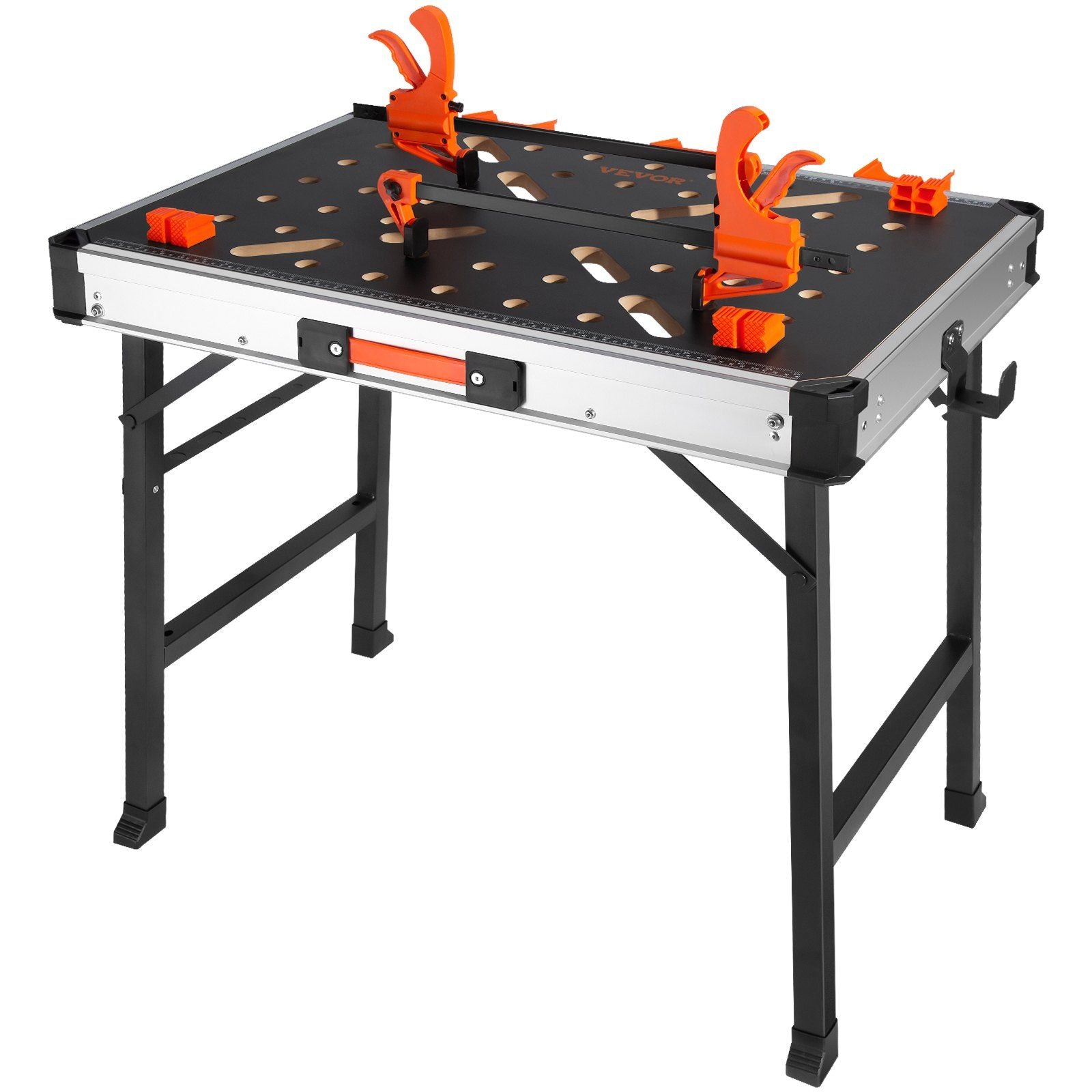 VEVOR Folding Work Table, 2-in-1 as Sawhorse & Workbench, 1000 lbs Load Capacity, Steel Legs, Portable Foldable Tool Stand with 2 Wood Clamps, 4 Bench Dogs, 3 Tool Boxes, 2 Hooks, Easy Garage Storage