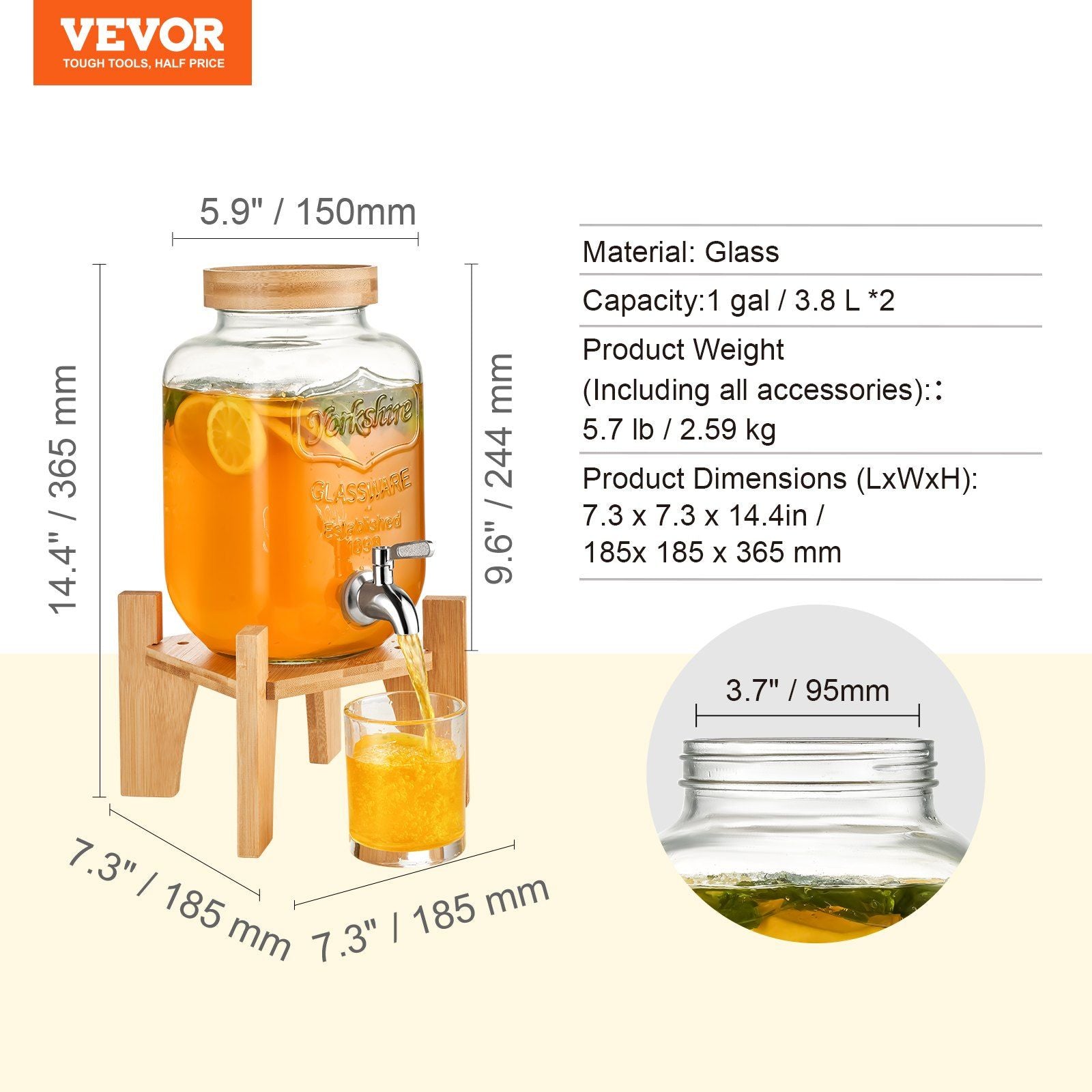 VEVOR Beverage Dispenser, 1 Gallon Drink Dispensers for Parties, 2PC, Glass Juice Dispenser with Stand, Stainless Steel Spigot, Iced Tea Lemonade Juice Water Dispenser, for Restaurants, Hotels, Party