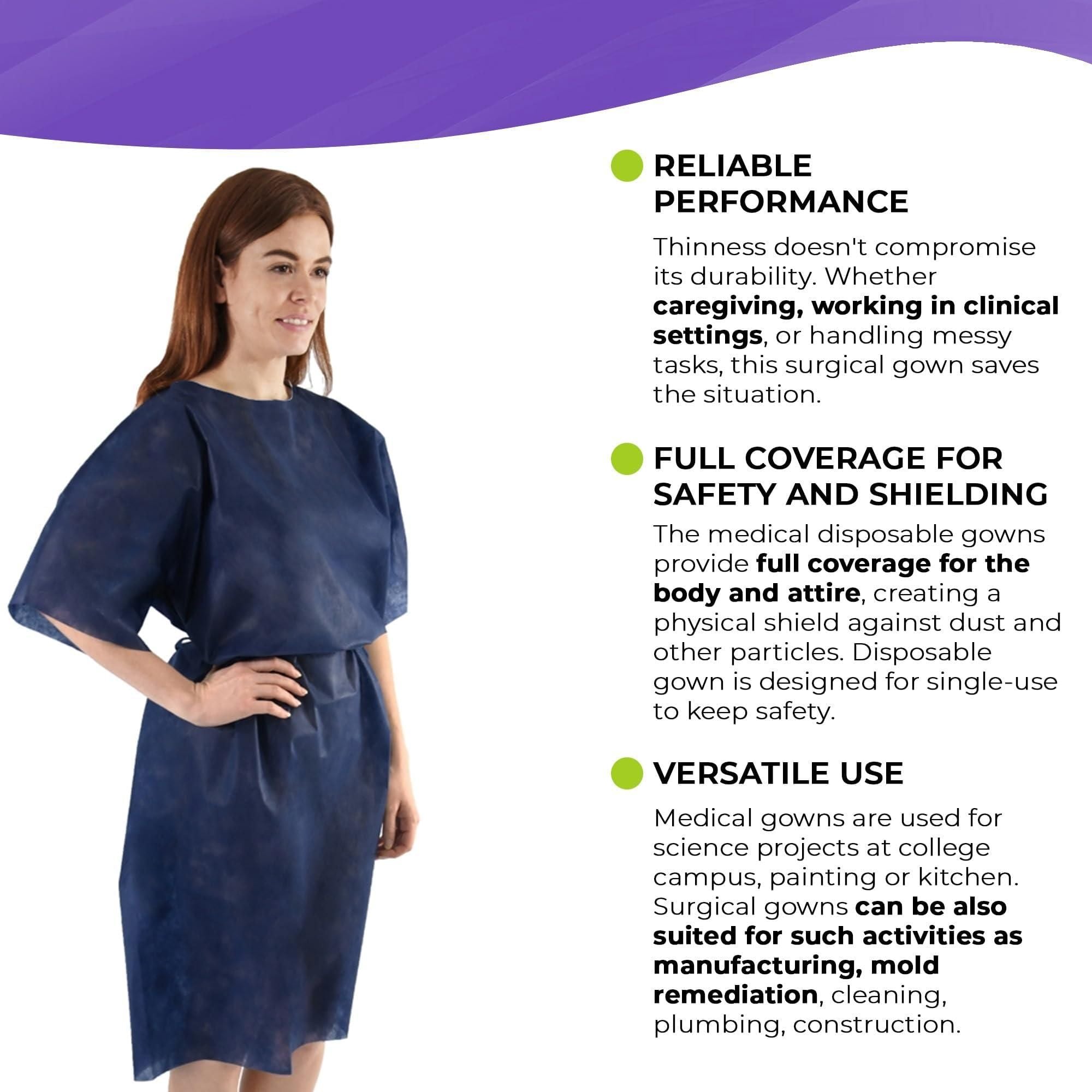 Medical Supply Disposable Isolation Gown X Large Size 10 Pack of Navy Blue 50 GSM Polypropylene Disposable Gowns Medical with Neck and Waist Ties Isolation Gowns Disposable