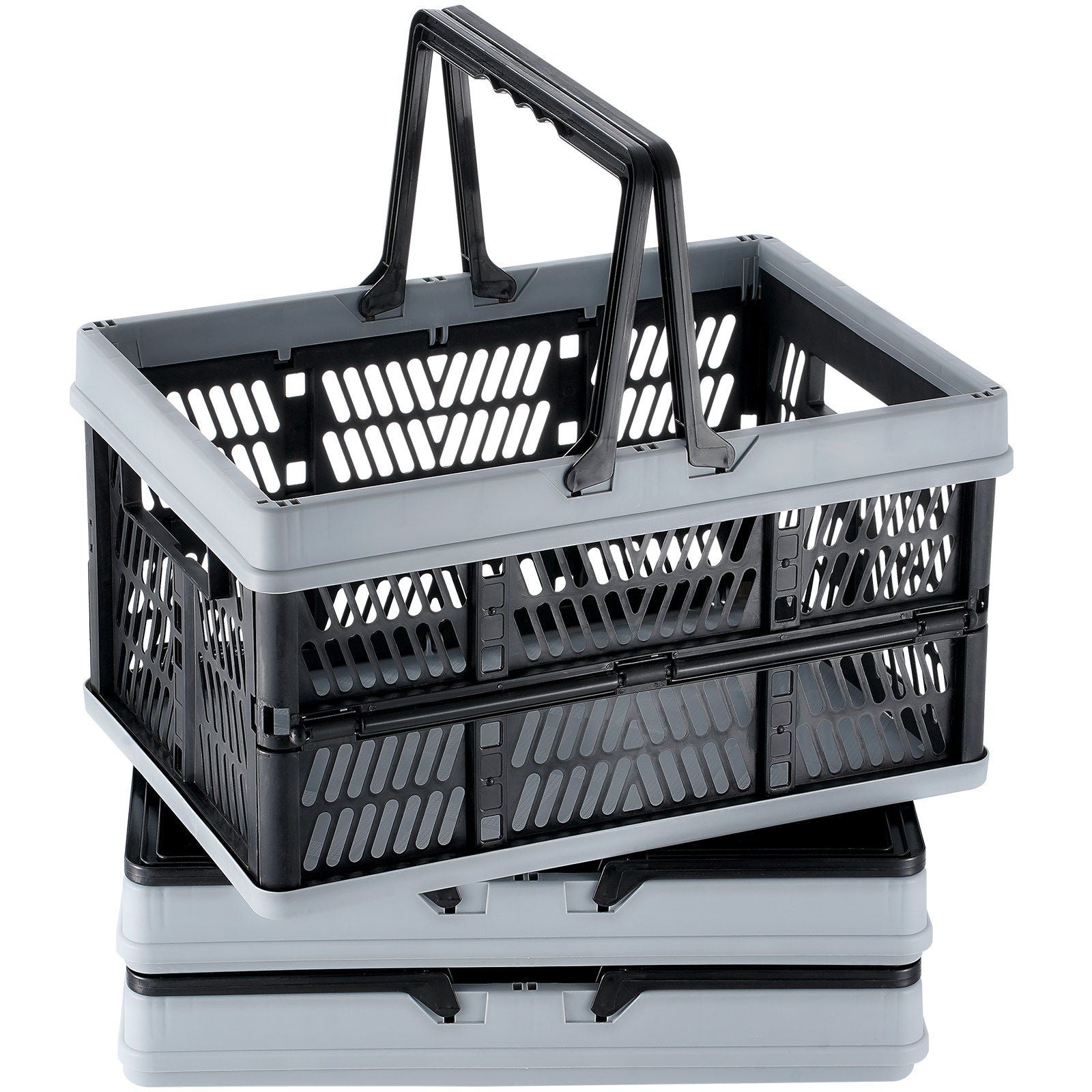 VEVOR Collapsible Shopping Basket, 3 Pack, 25L Plastic Foldable Storage Crate with Handle, Grocery Fruit Vegetable Shopping Basket Folding Storage Container for Supermarket Retail Shopping, Black