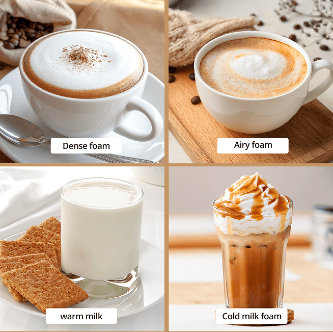 4 in 1 electric coffee milk foam machine 450W milk heating milk foam machine cold foaming chocolate mixer milk heating 70°C / 158°F cold / hot latte cappuccino 360°