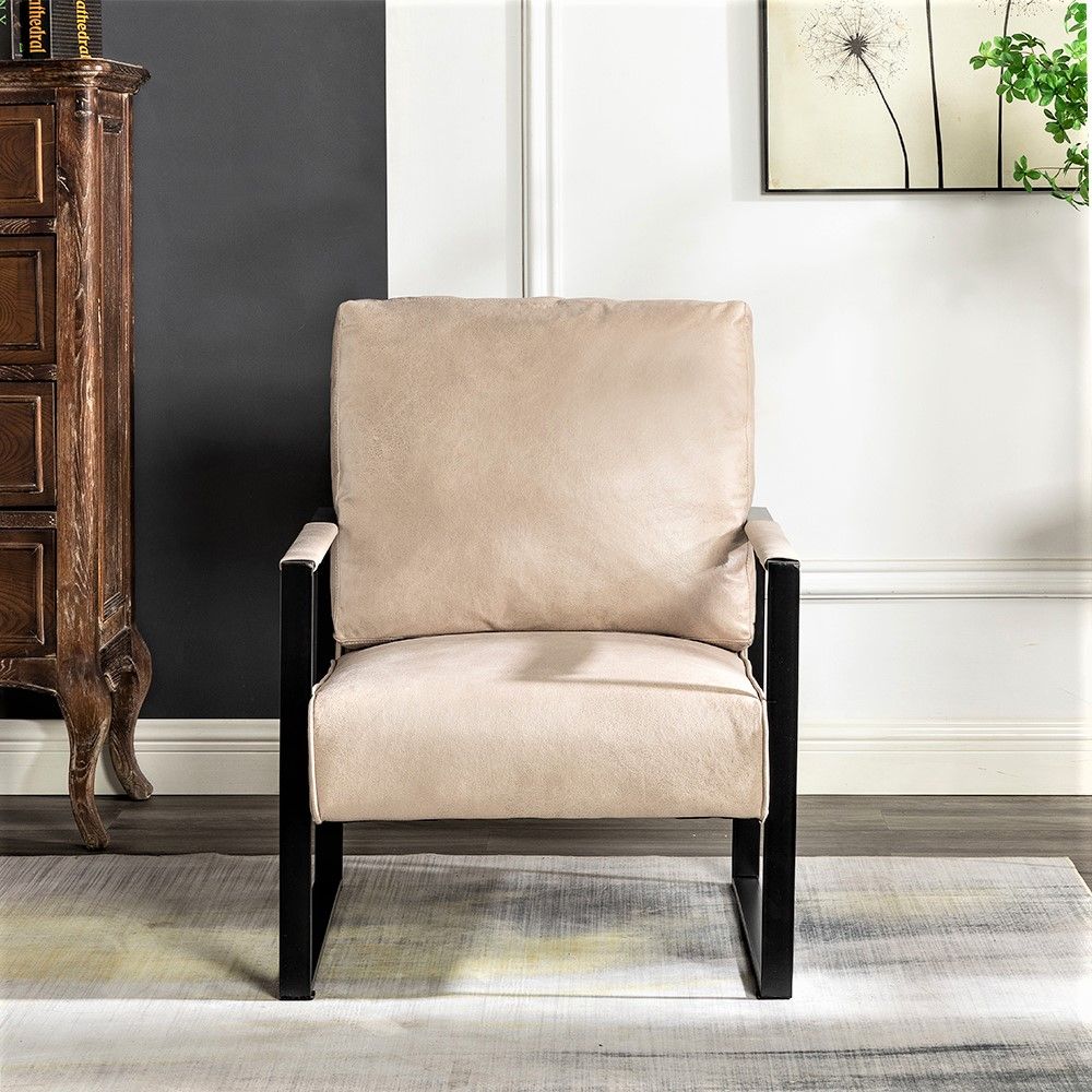 Direct Classic Mid Century Modern Accent Chair with Durable Square Metal Frame, Armchair for Living Room, Bedroom, Home Office in Spotted Microfiber Upholstery, Light Camel