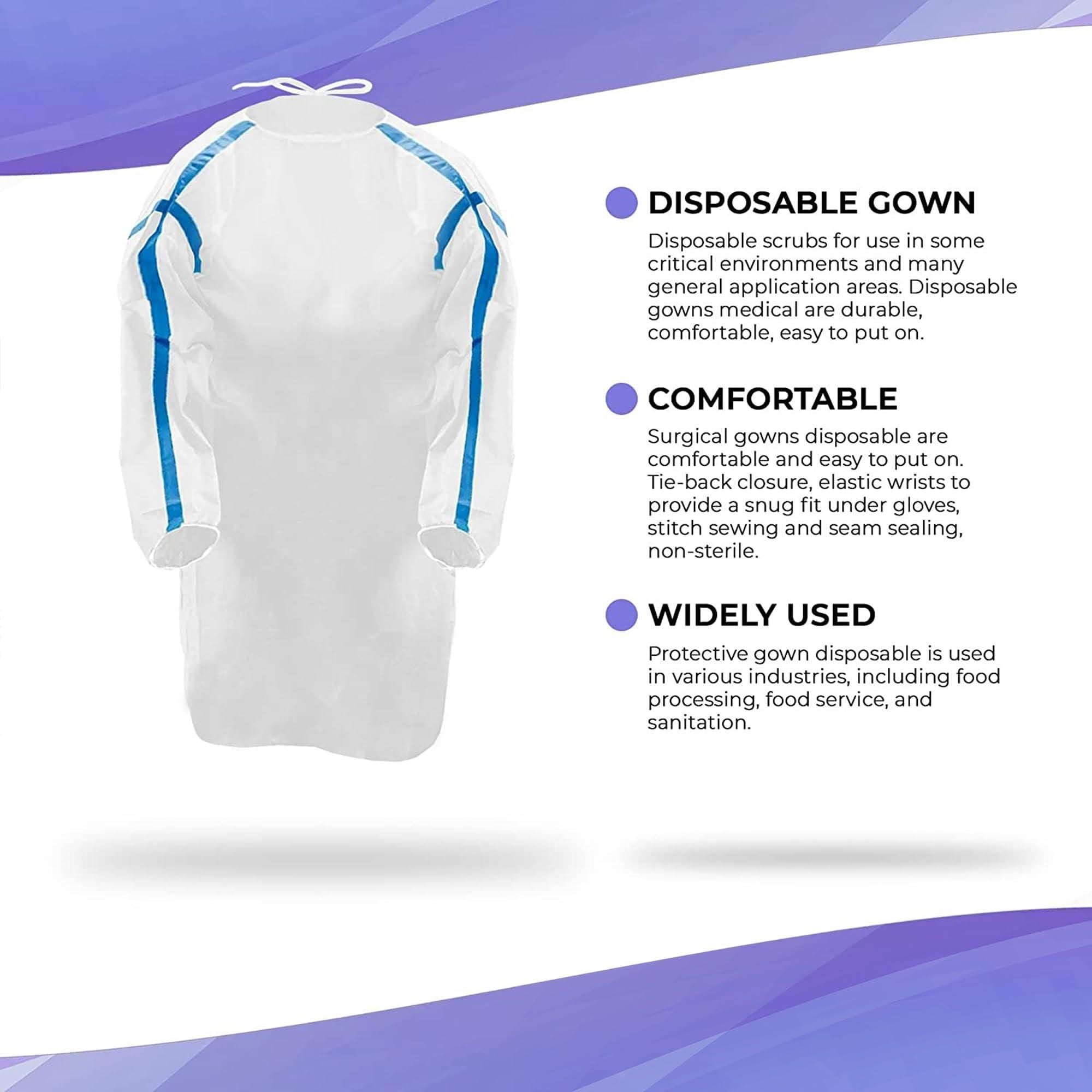 Medical Supply Disposable Isolation Gowns Pack of 5 White Adult Gowns Large Size 35 GSM SMS Gowns with Tie Back Closure Elastic Cuffs Non sterile Surgical Gowns for Men Women