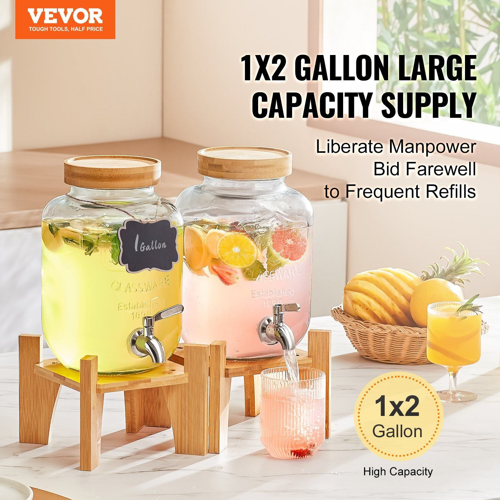 VEVOR Beverage Dispenser, 1 Gallon Drink Dispensers for Parties, 2PC, Glass Juice Dispenser with Stand, Stainless Steel Spigot, Iced Tea Lemonade Juice Water Dispenser, for Restaurants, Hotels, Party