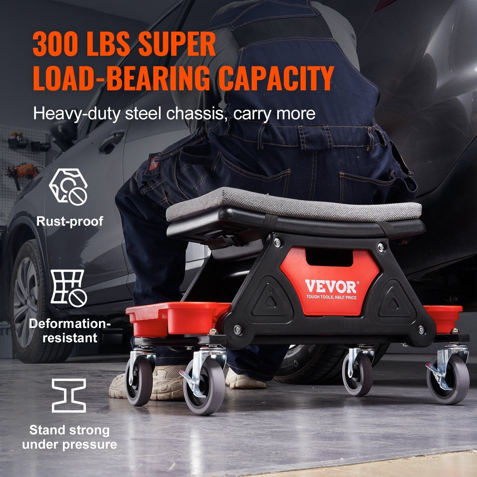 VEVOR Mechanics Stool, 300 LBS Capacity Rolling Mechanic Seat with 4