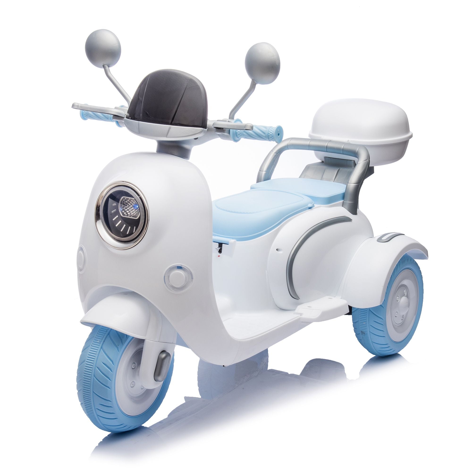 12V Two-seater Kids Ride On Electric Motorcycle,Three Wheels Kids toy with Slow Start,Multi-function player,USB,Bluetooth, light,Backseat flip adult seat, Oversized Storage Box for kids Aged 3-6.