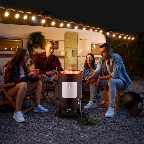 Vertical Steel Charcoal Smoker, Heavy Duty Three Layer Round BBQ Grill Smokey Mountain Cooker for Outdoor Cooking, Black