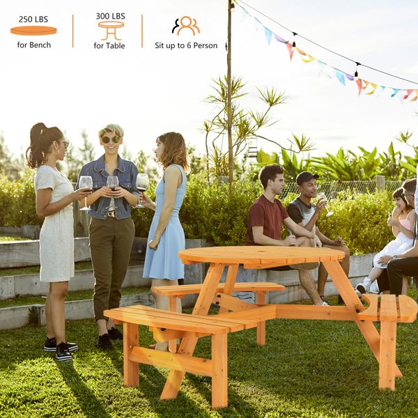6-Person Outdoor Circular Wooden Picnic Table with 3 Built-In Benches, Outside Table and Bench Set for Porch Backyard Patio Lawn Garden