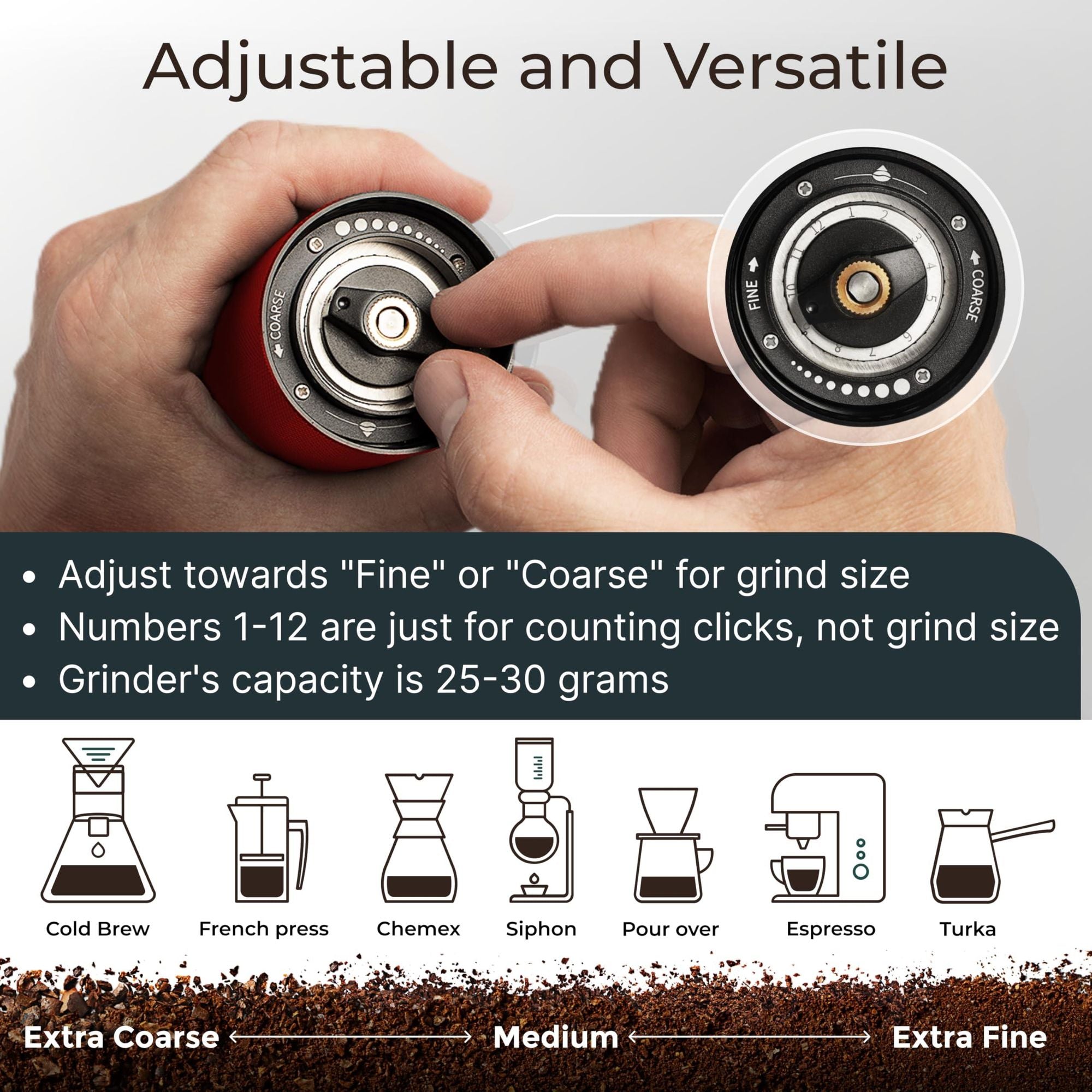 Manual Coffee Grinder Red Metallic Color Stainless Steel Conical Burr Coffee Grinder Manual with Adjustable Setting Double Bearing Hand Espresso Grinder Perfect for Home Office and Camping