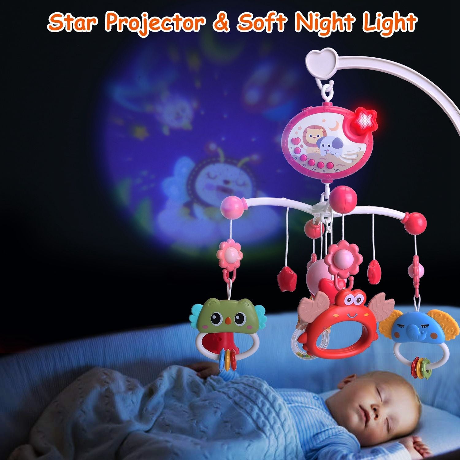 Baby Musical Crib Bed Bell Rotating Mobile Star Projection Nursery Light Baby Rattle Toy with Music Box Remote Control