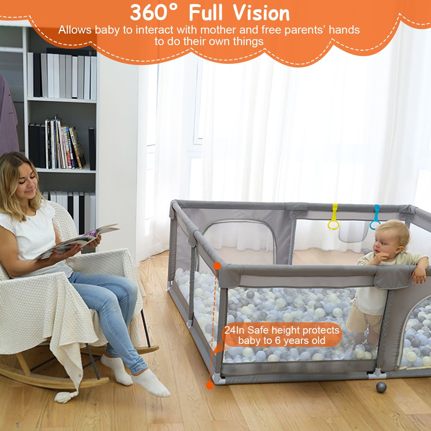 Baby Play Yard 50x50x24in Infant Play Game Child Fence Play Yards Breathable Kids Activity Center with Anti-Slip Suction Base 2 Zipper Doors for Infants Toddlers