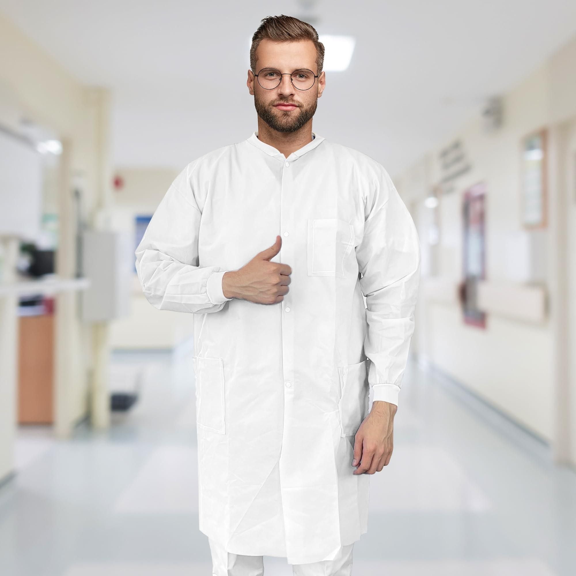 Medical Supply Disposable Lab Coats for Adults Large Size Pack of 10 White SMS Knee Length Lab Coat Disposable 40 GSM Disposable Coats Medical Painting Lab Coat with Cuffs Collar 3 Pockets